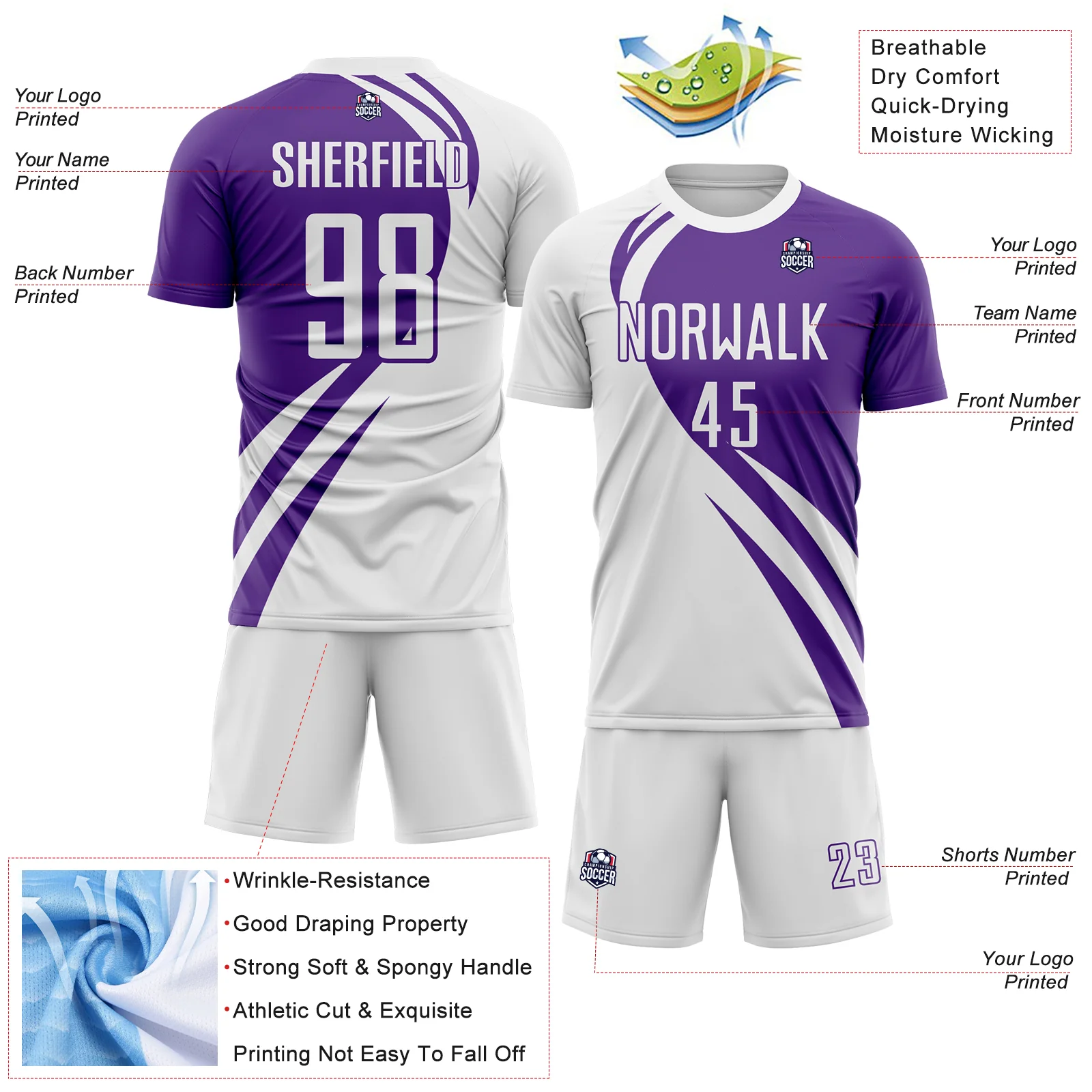 Custom White Purple Diagonal Streamline Color Block Swirl Curve Lines Sublimation Soccer Uniform Jersey - Image 3