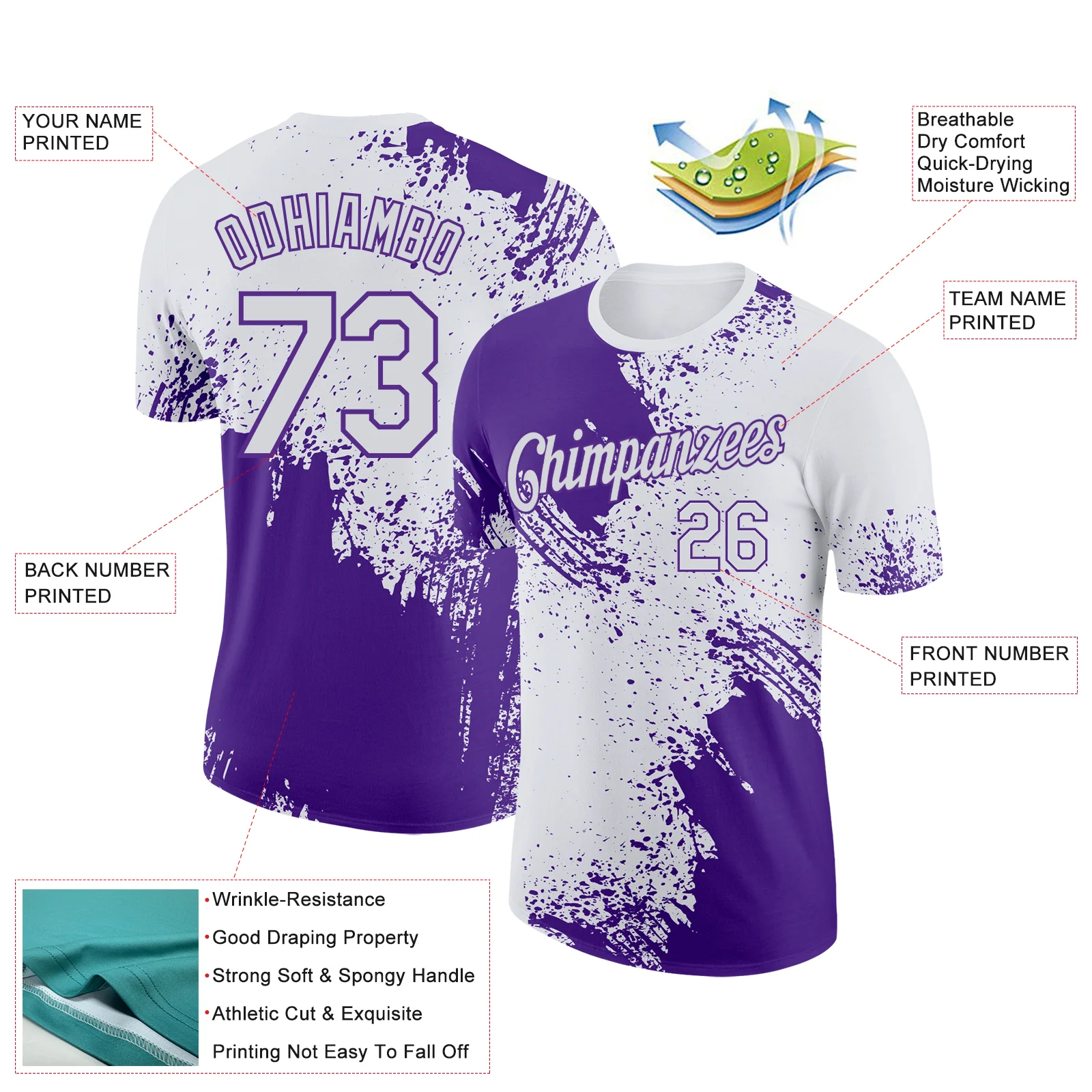 Custom White Purple 3D Pattern Design Abstract Brush Stroke Performance T-Shirt - Image 2