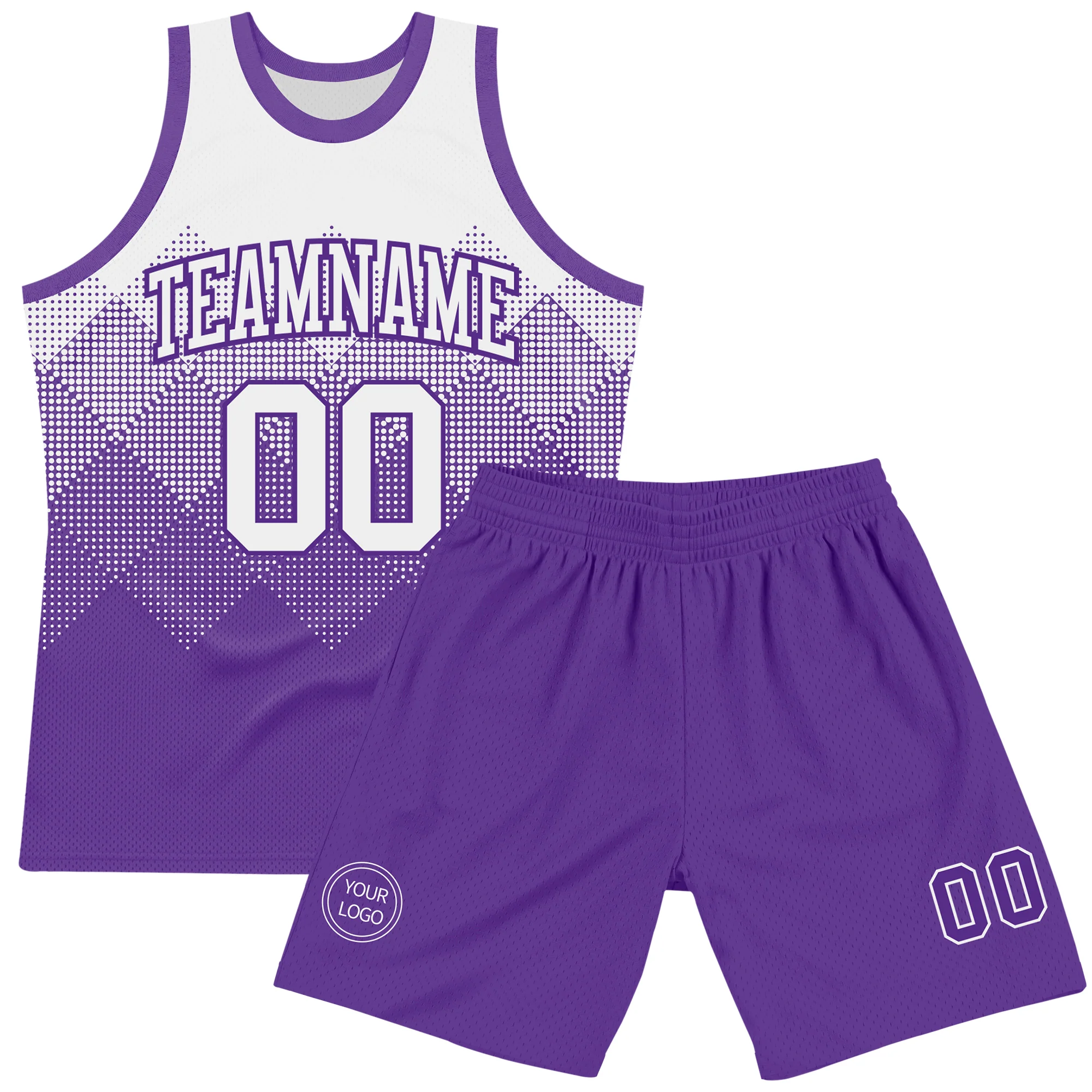 Custom White Purple Gradient Square Shapes Round Neck Sublimation Basketball Suit Jersey - Image 2