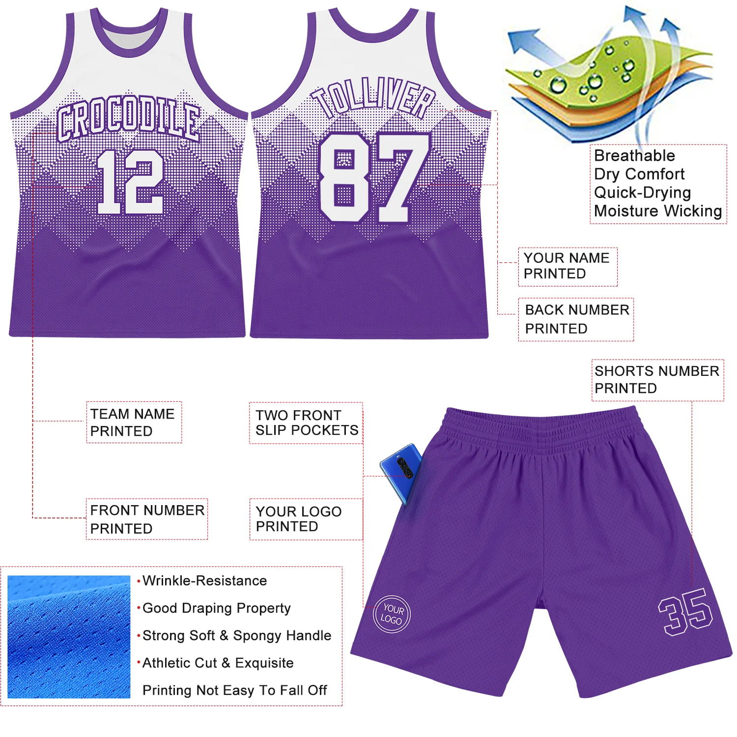 Custom White Purple Gradient Square Shapes Round Neck Sublimation Basketball Suit Jersey - Image 3