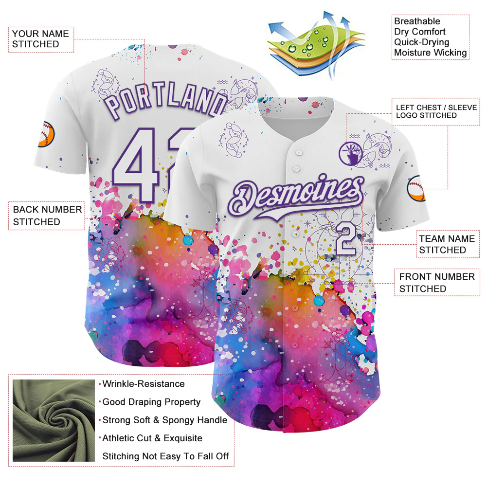 Custom White Purple 3D Pattern Design Graffiti Splash And Constellation Space Galaxy Star Authentic Baseball Jersey - Image 3