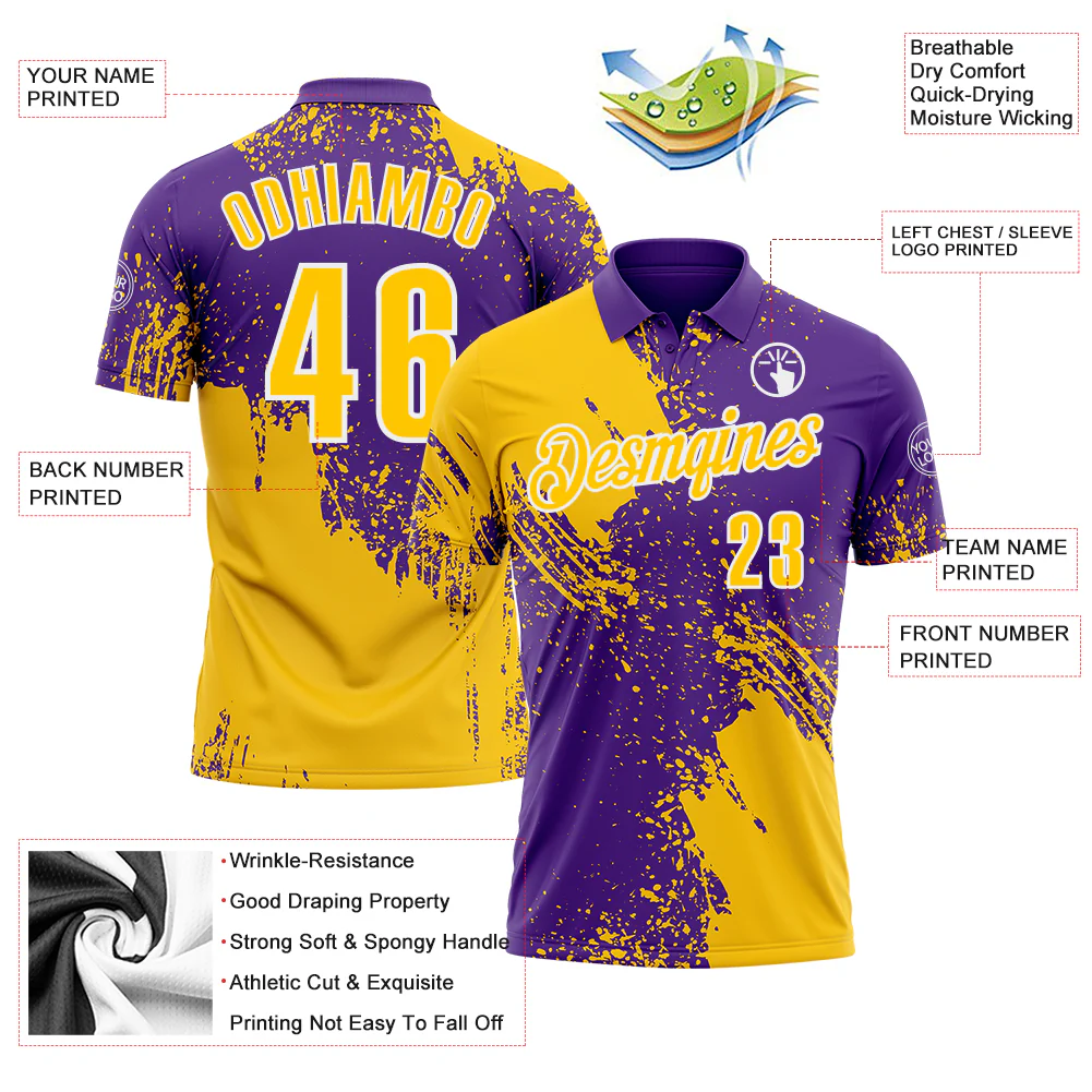 Custom Yellow Purple-White 3D Pattern Design Abstract Brush Stroke Performance Polo Shirt - Image 3