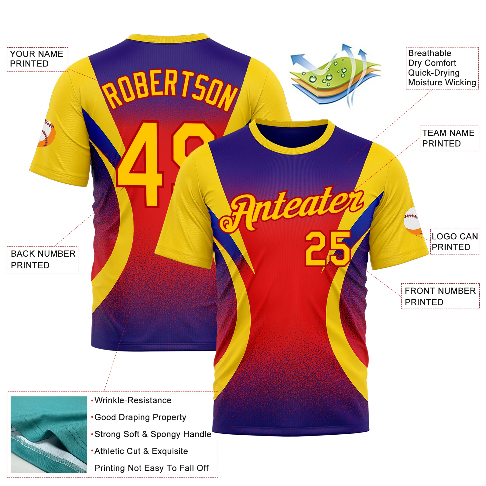 Custom Yellow Purple-Red 3D Pattern Design Gradient Sportswear Performance T-Shirt - Image 2