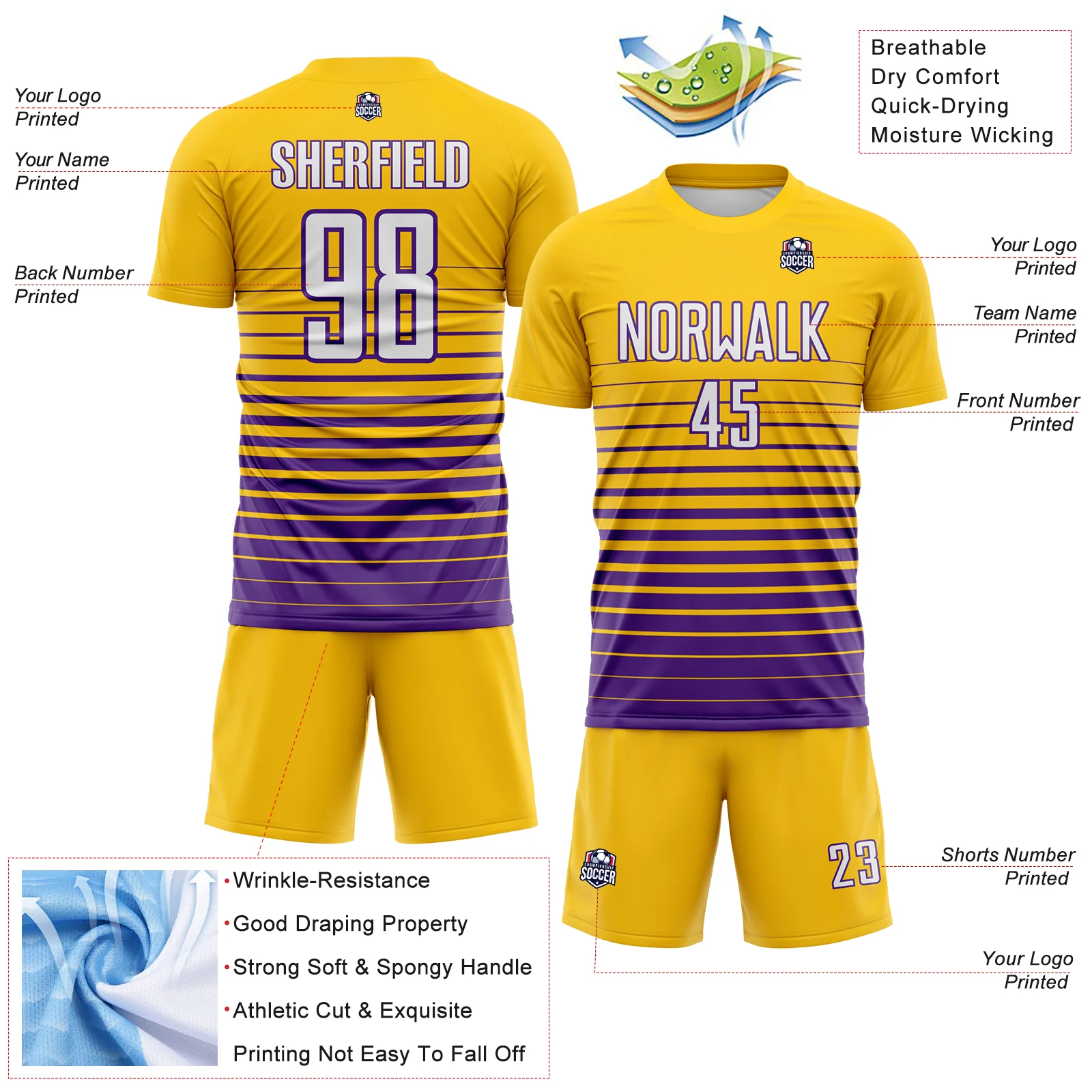 Custom Yellow White-Purple Gradient Pinstripe Sublimation Soccer Uniform Jersey - Image 4