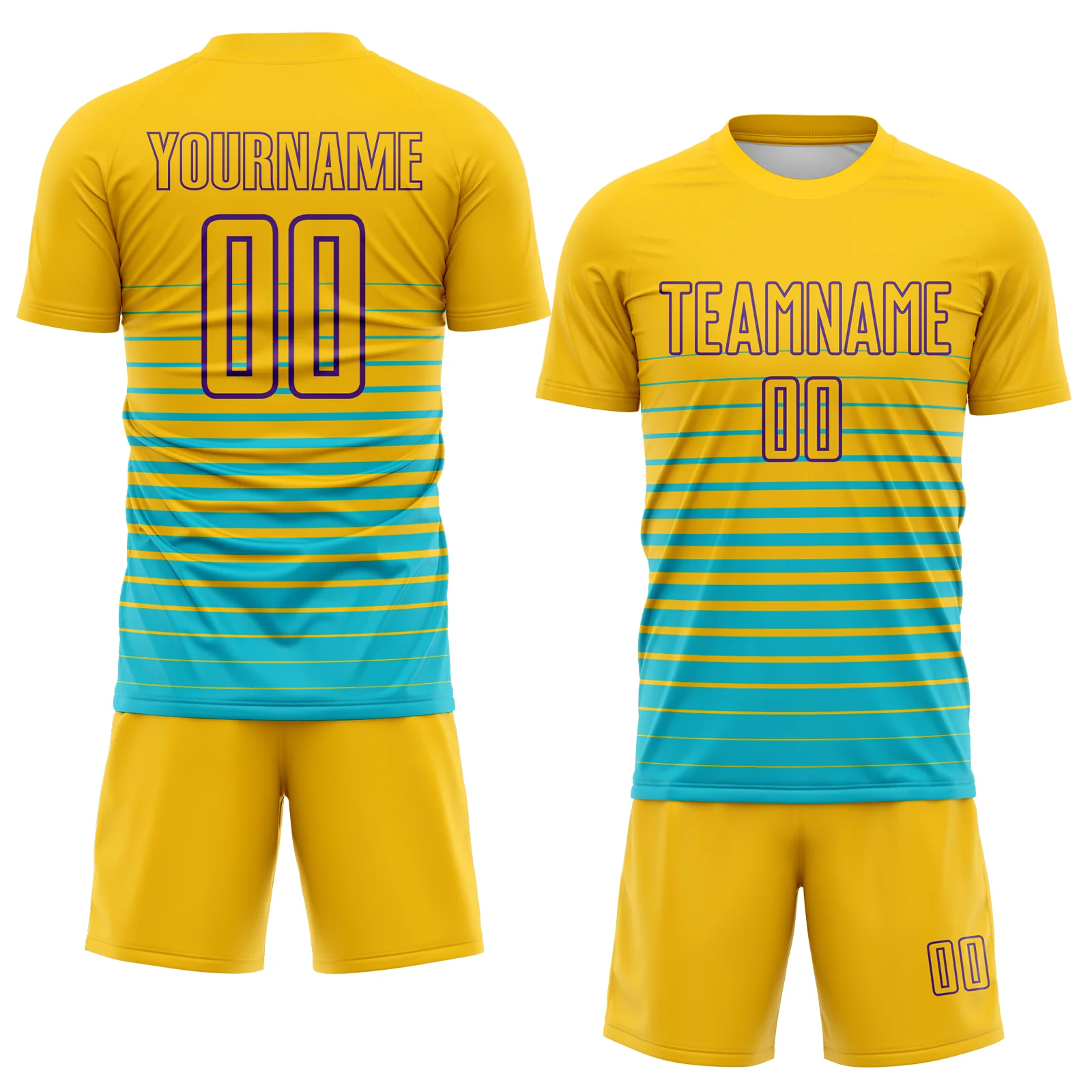 Custom Yellow Purple-Lakes Blue Gradient Pinstripe Sublimation Soccer Uniform Jersey - Image 2