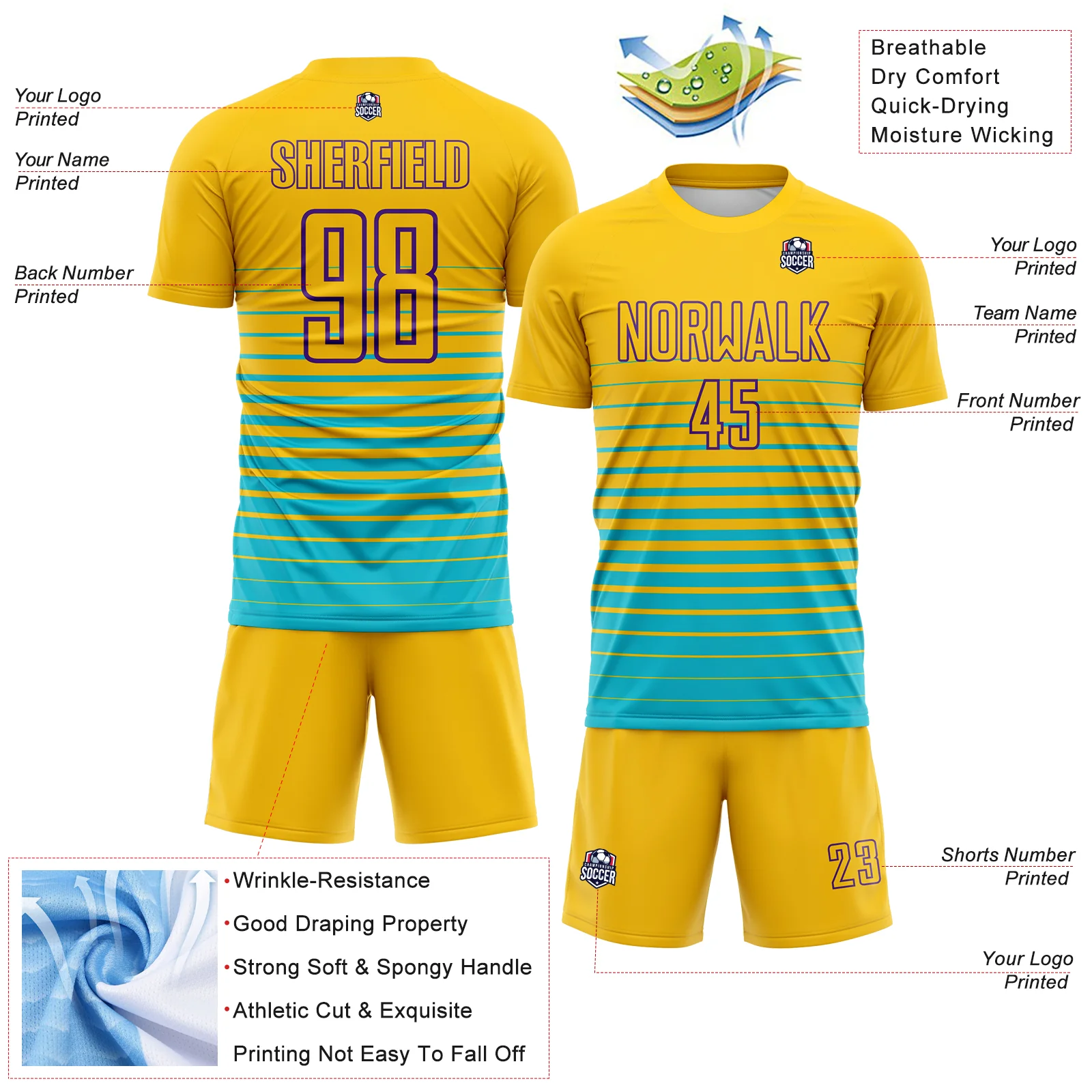 Custom Yellow Purple-Lakes Blue Gradient Pinstripe Sublimation Soccer Uniform Jersey - Image 4