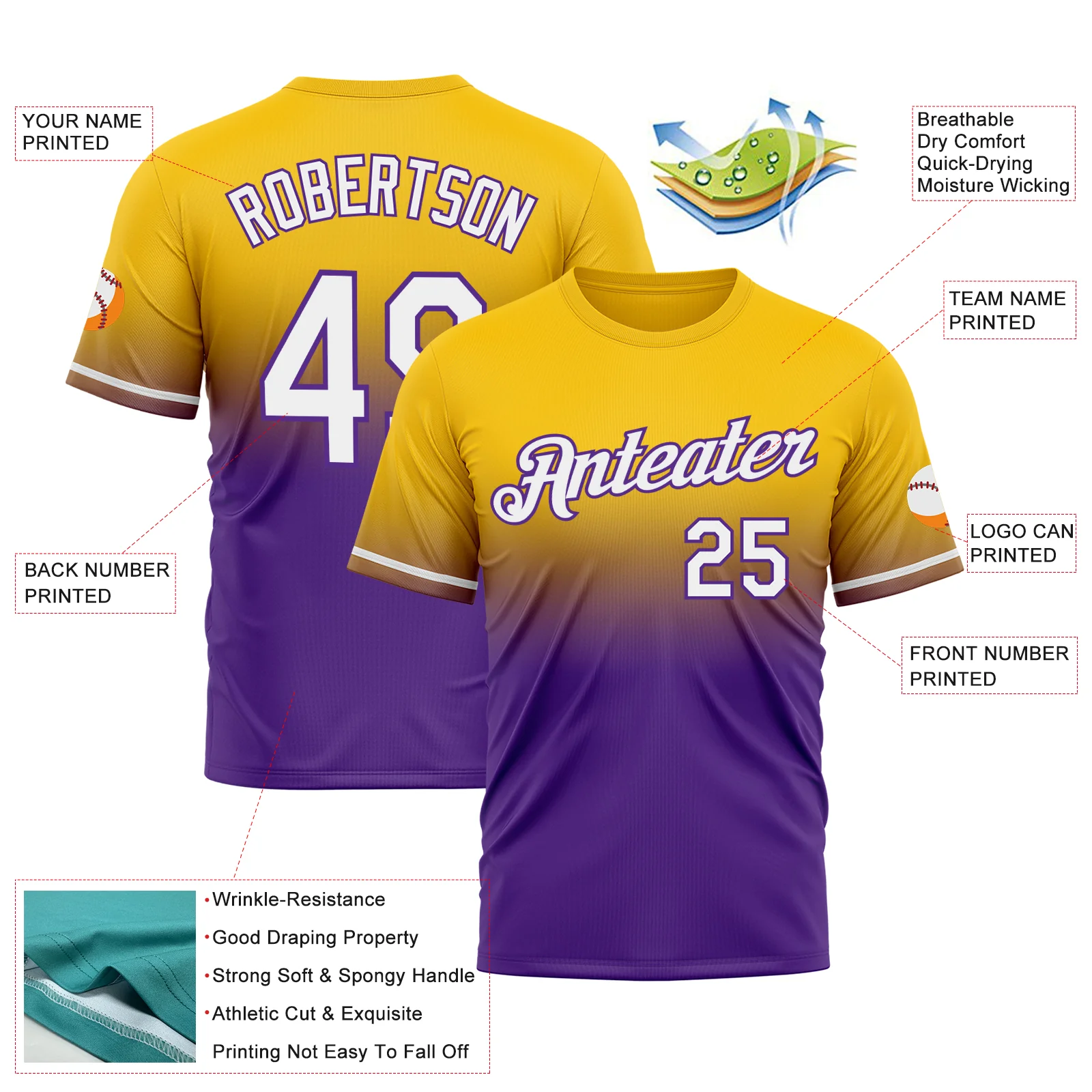 Custom Yellow White-Purple Fade Fashion Performance T-Shirt - Image 3