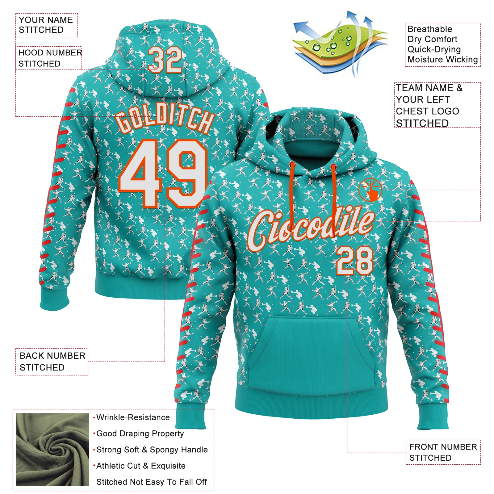 Custom Stitched Aqua White Red-Orange Baseball Game Day Miami Inspired Sports Pullover Sweatshirt Hoodie - Image 4