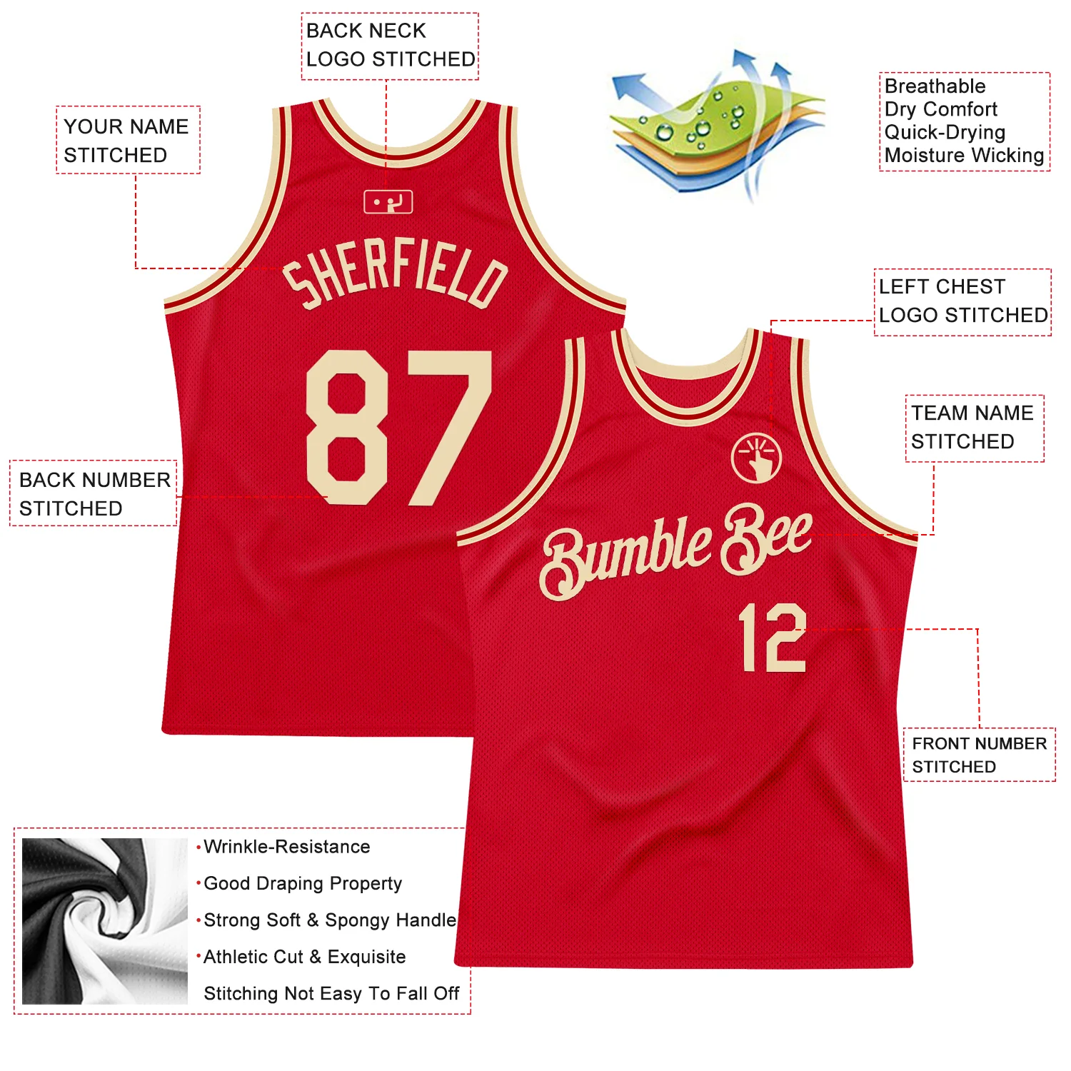 Custom Red Cream Authentic Throwback Basketball Jersey - Image 2