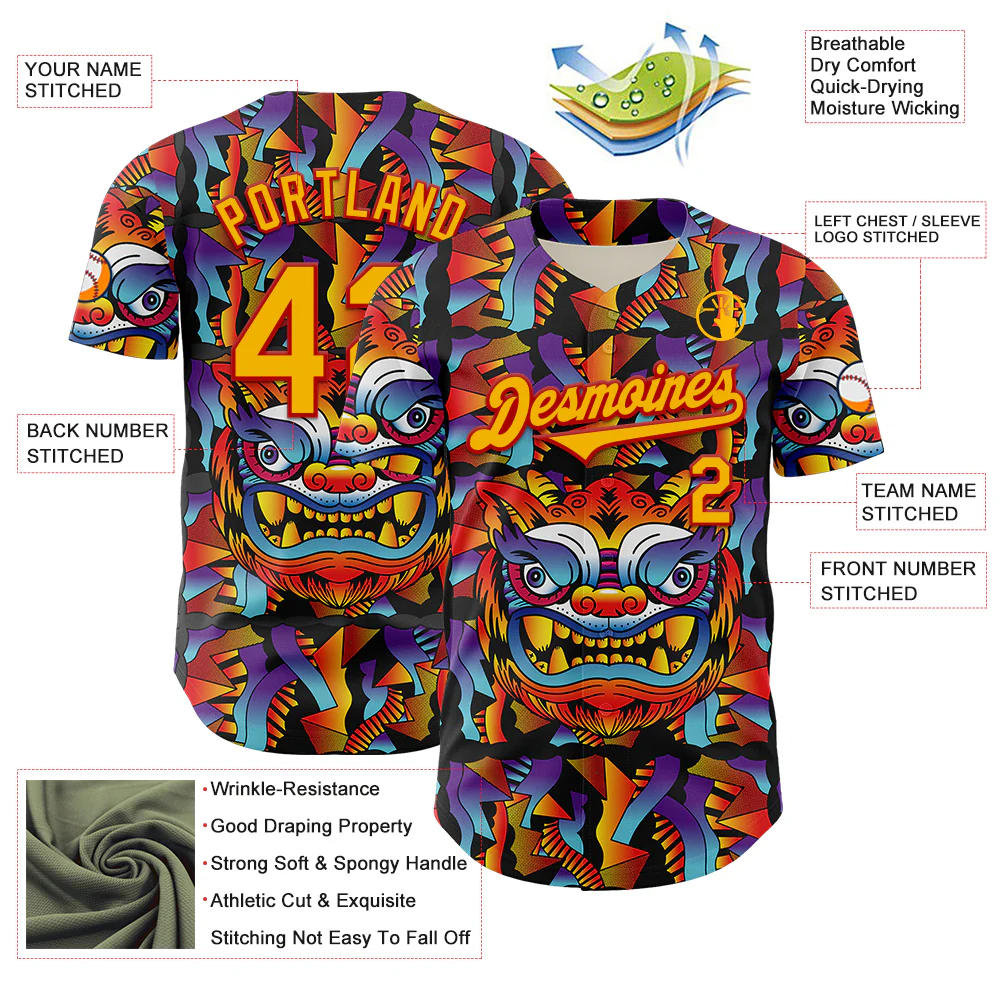 Custom Black Gold-Red 3D Geo Law God Mask Authentic Baseball Jersey - Image 3