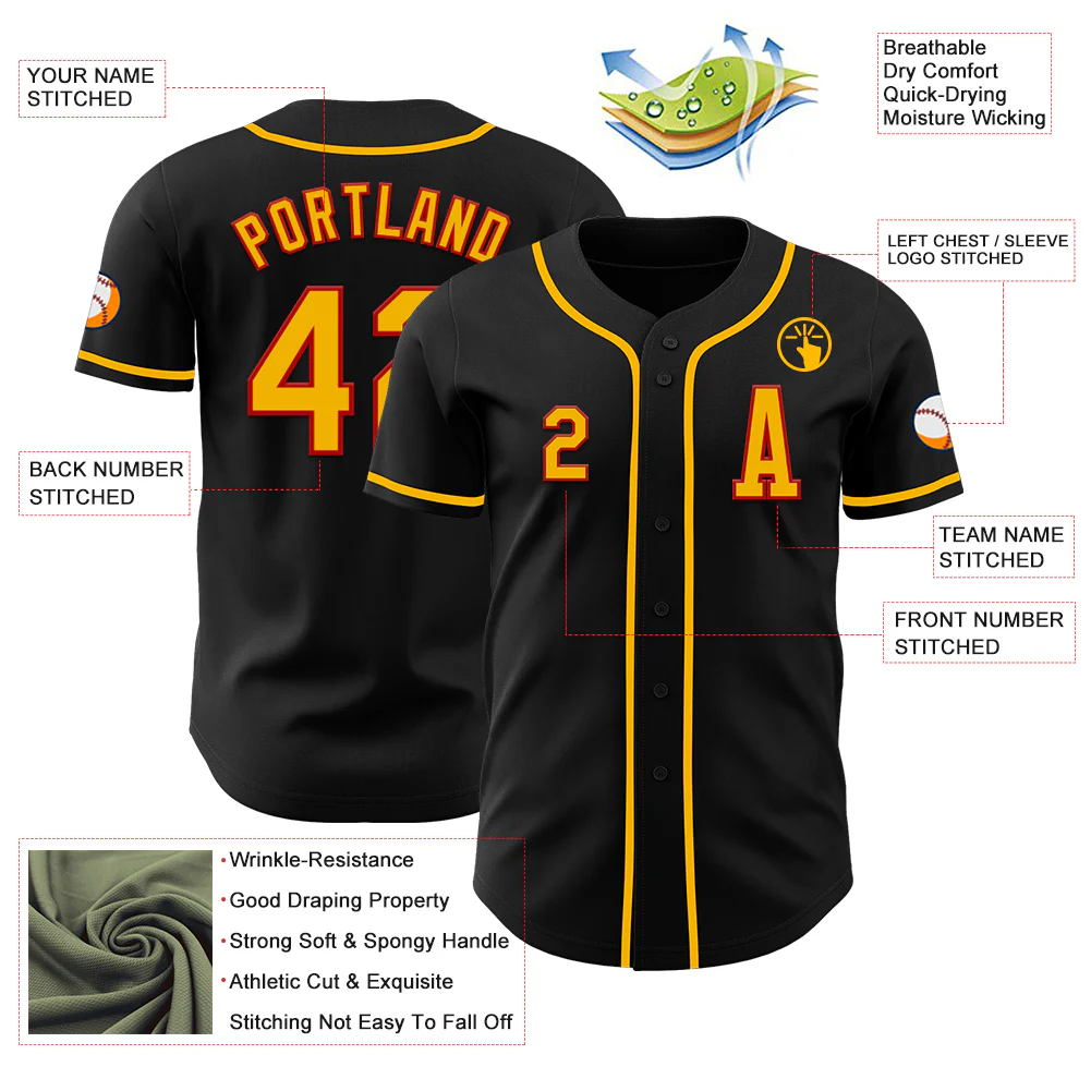 Custom Black Gold-Red Authentic Baseball Jersey - Image 2