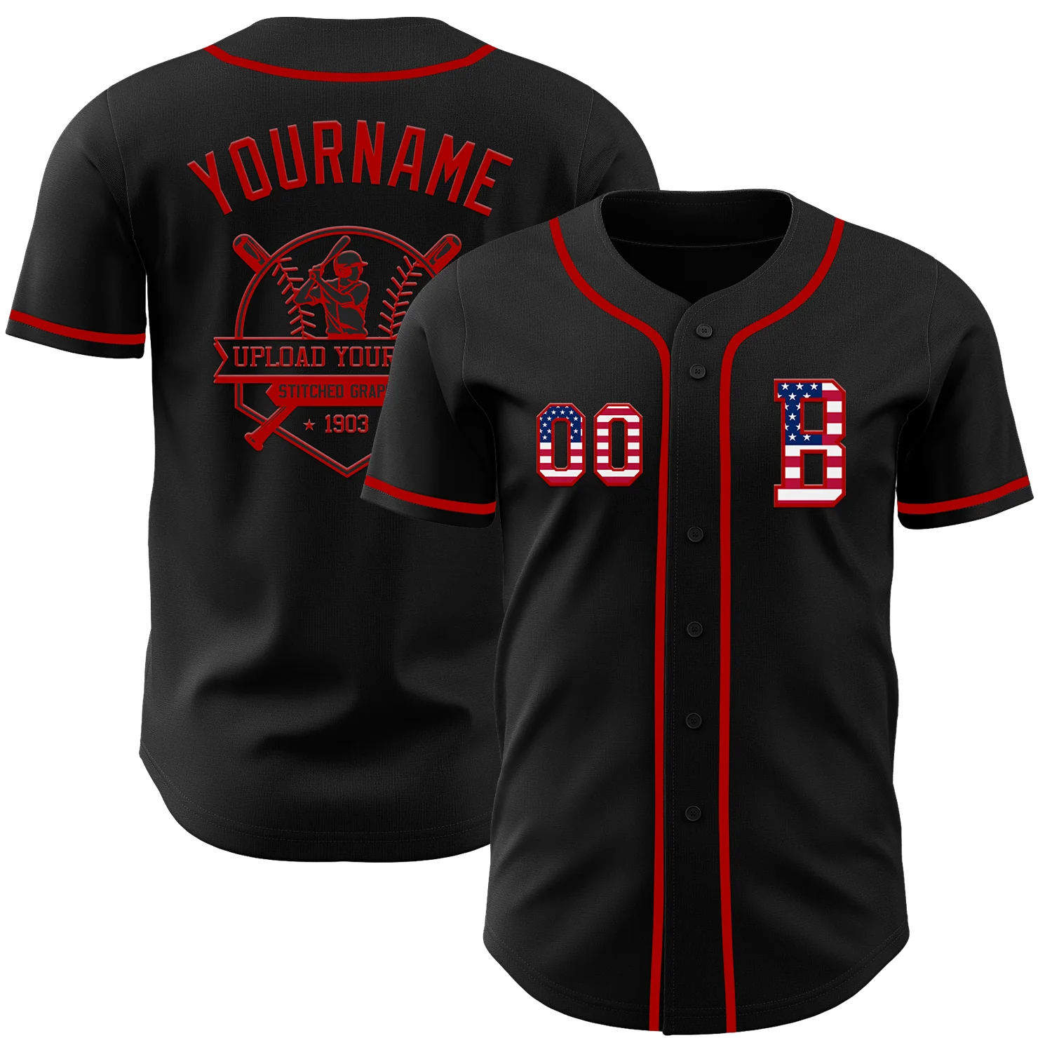 Custom Black USA Flag-Red Authentic Baseball Jersey - Image 5