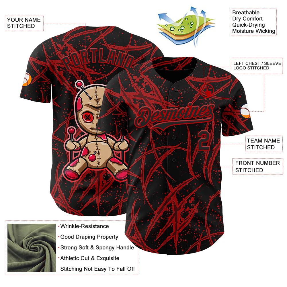 Custom Black Red 3D Halloween Horror Night Trick Treat Party Costume Ideas Authentic Baseball Jersey - Image 3