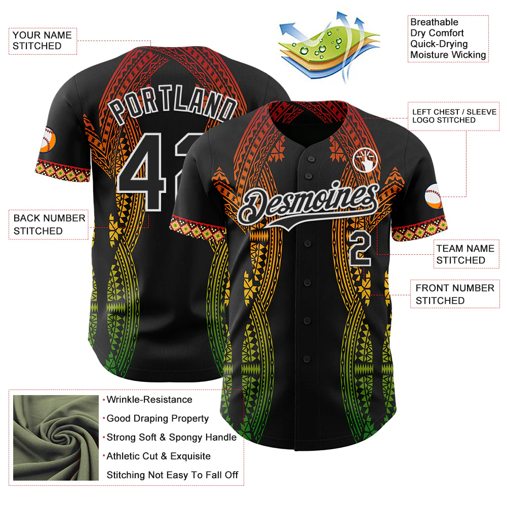 Custom Black Red Yellow Green-White Black History Month Africa Tribal Authentic Baseball Jersey - Image 3