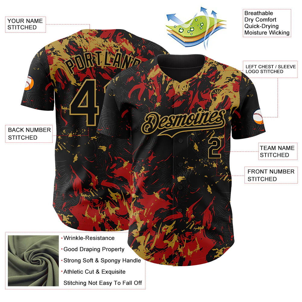 Custom Black Red-Old Gold Splash Authentic Baseball Jersey - Image 3