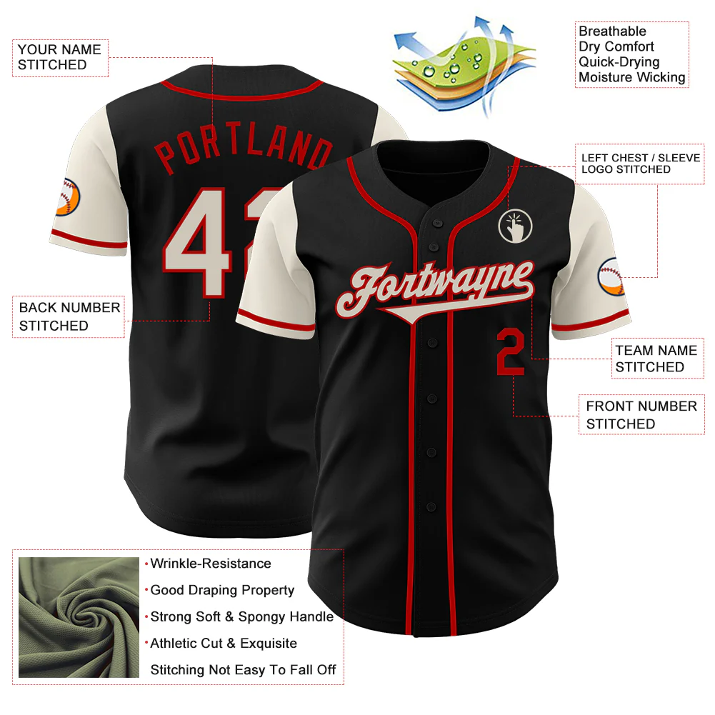 Custom Black Cream-Red Authentic Two Tone Baseball Jersey - Image 3
