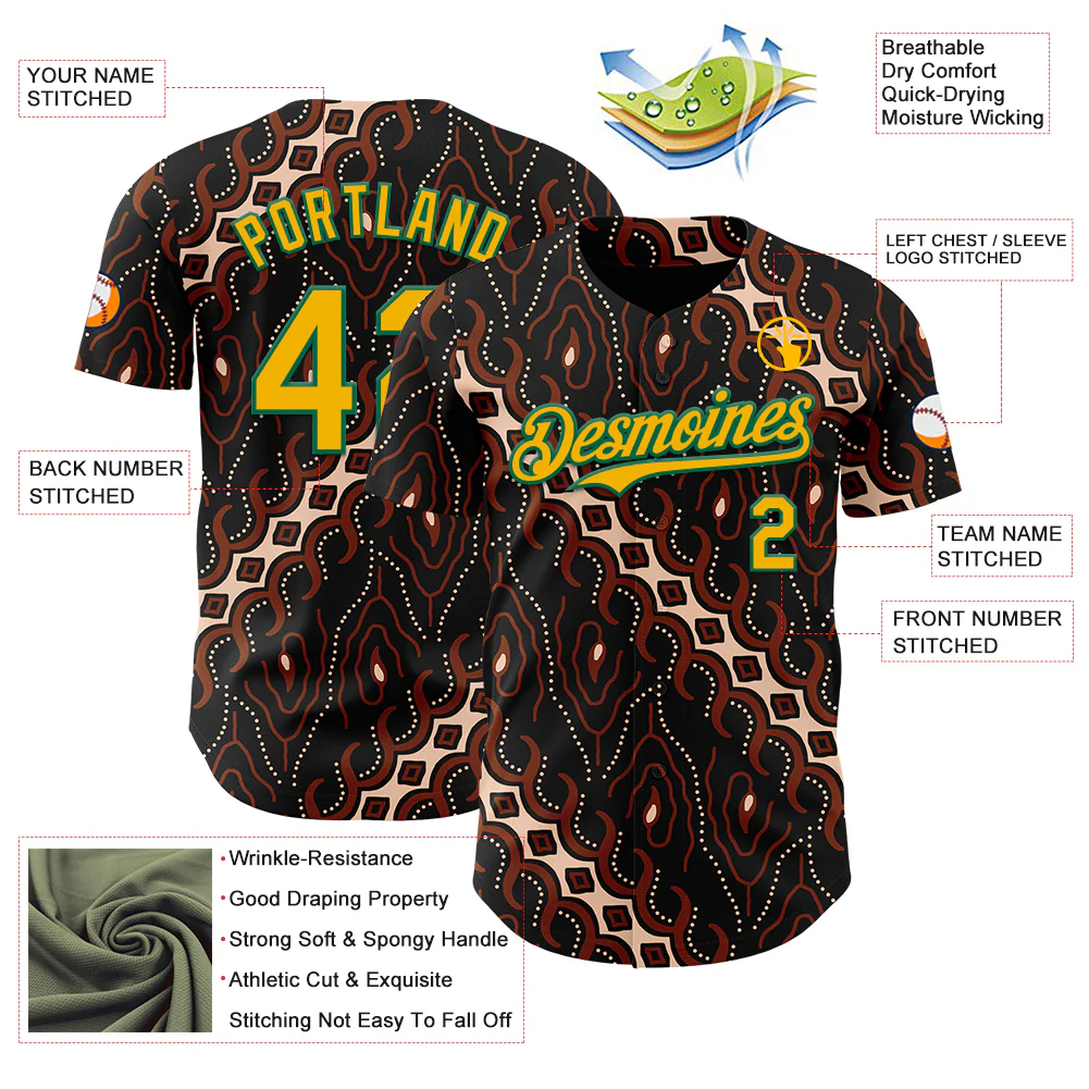 Custom Black Gold Red Cream-Kelly Green 3D Pattern Design Black History Month Abstract Authentic Baseball Jersey - Image 3