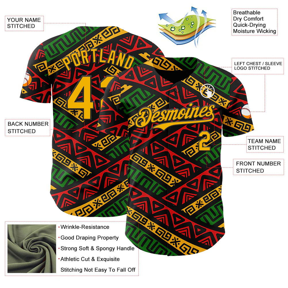 Custom Black Gold Red-Green 3D Pattern Design Black History Month African Ethnicity Style Abstract Geometric Authentic Baseball Jersey - Image 3