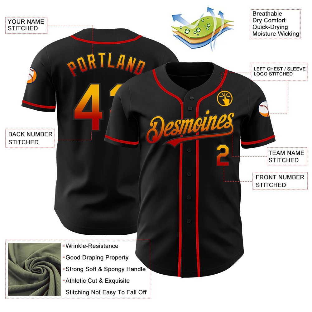 Custom Black Gold-Red Authentic Fade Fashion Baseball Jersey - Image 3