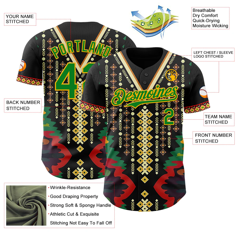 Custom Black Grass Green Red-Gold Black History Month Africa Tribal Authentic Baseball Jersey - Image 3