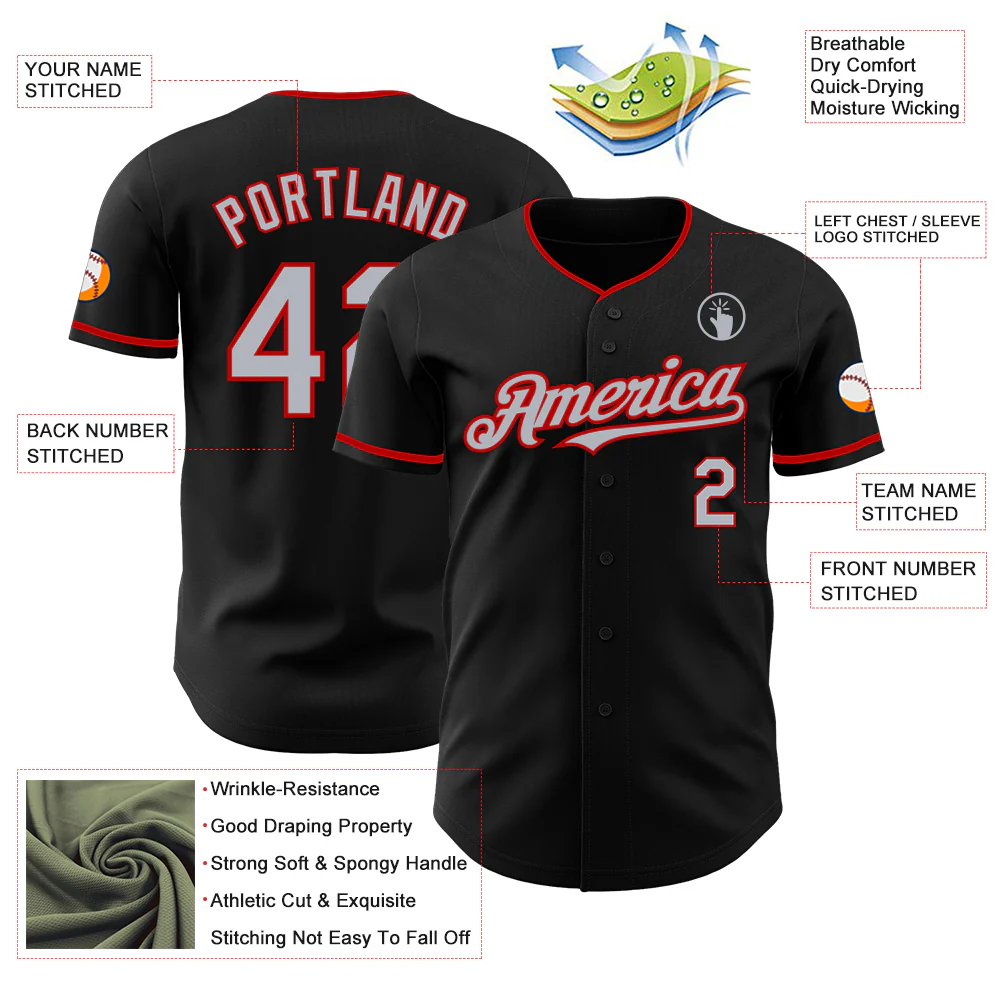 Custom Black Gray-Red Authentic Baseball Jersey - Image 3