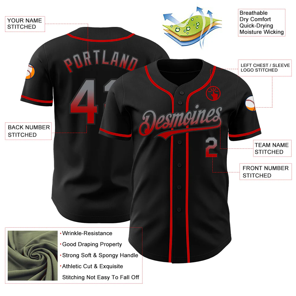 Custom Black Gray-Red Authentic Fade Fashion Baseball Jersey - Image 3