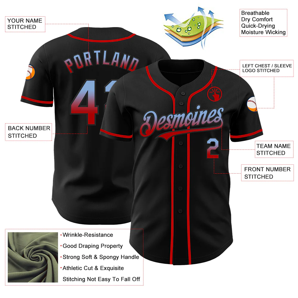 Custom Black Light Blue-Red Authentic Fade Fashion Baseball Jersey - Image 3