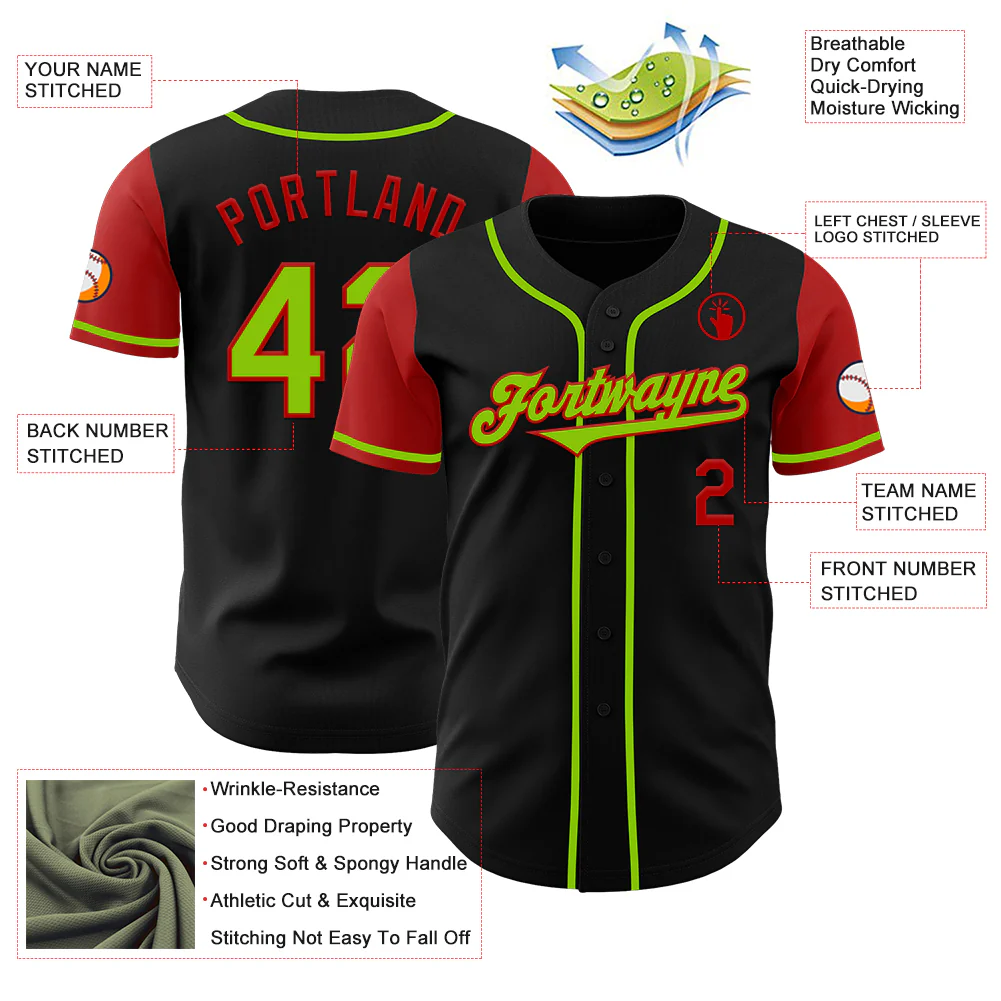 Custom Black Neon Green-Red Authentic Two Tone Baseball Jersey - Image 3