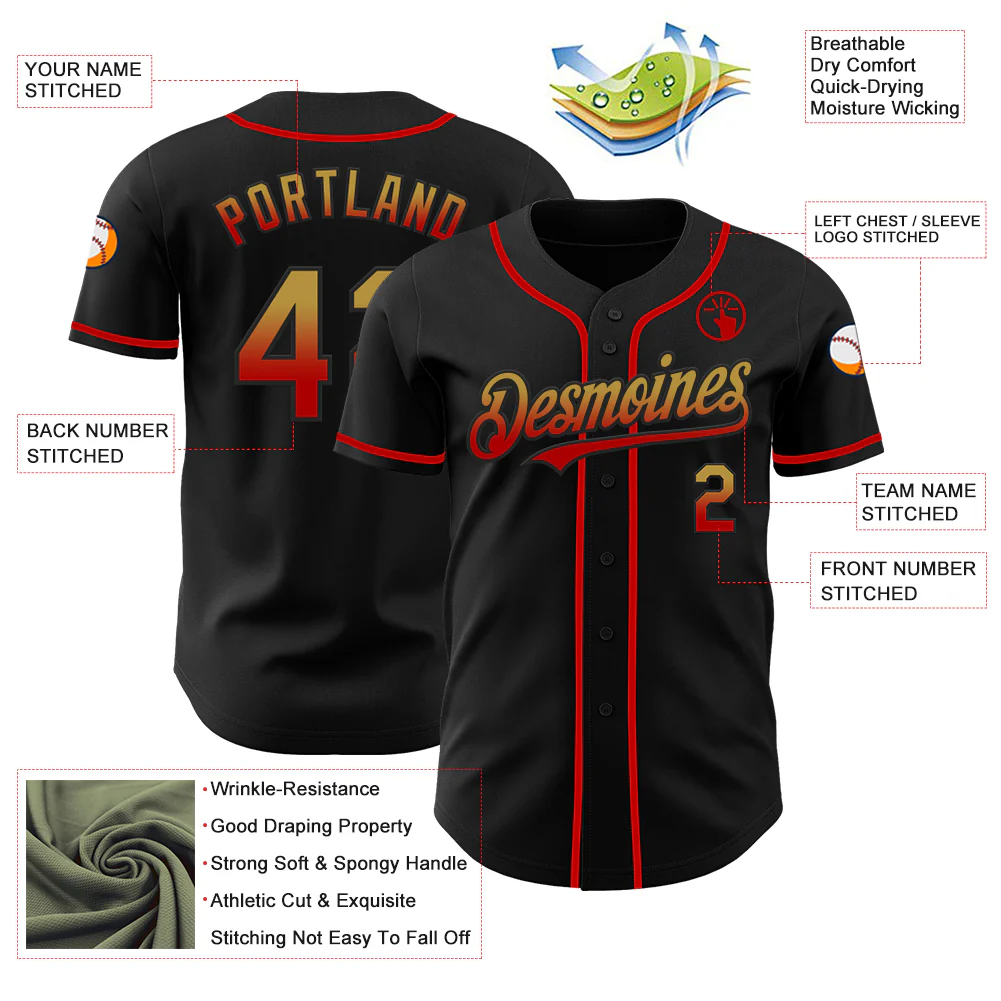 Custom Black Old Gold-Red Authentic Fade Fashion Baseball Jersey - Image 3