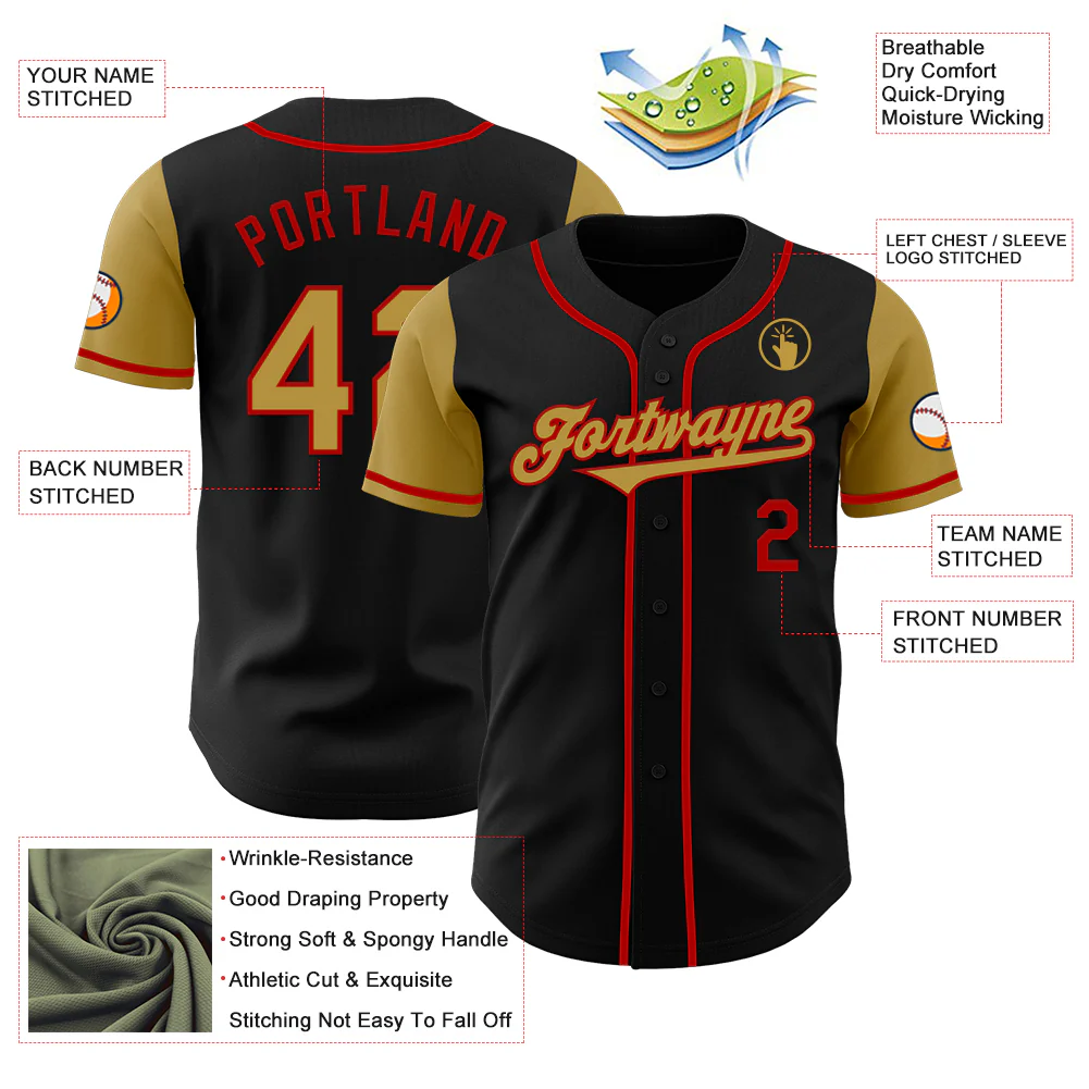 Custom Black Old Gold-Red Authentic Two Tone Baseball Jersey - Image 3
