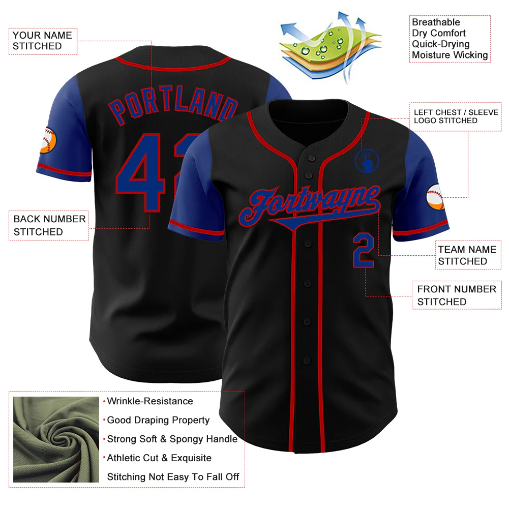 Custom Black Royal-Red Authentic Two Tone Baseball Jersey - Image 3