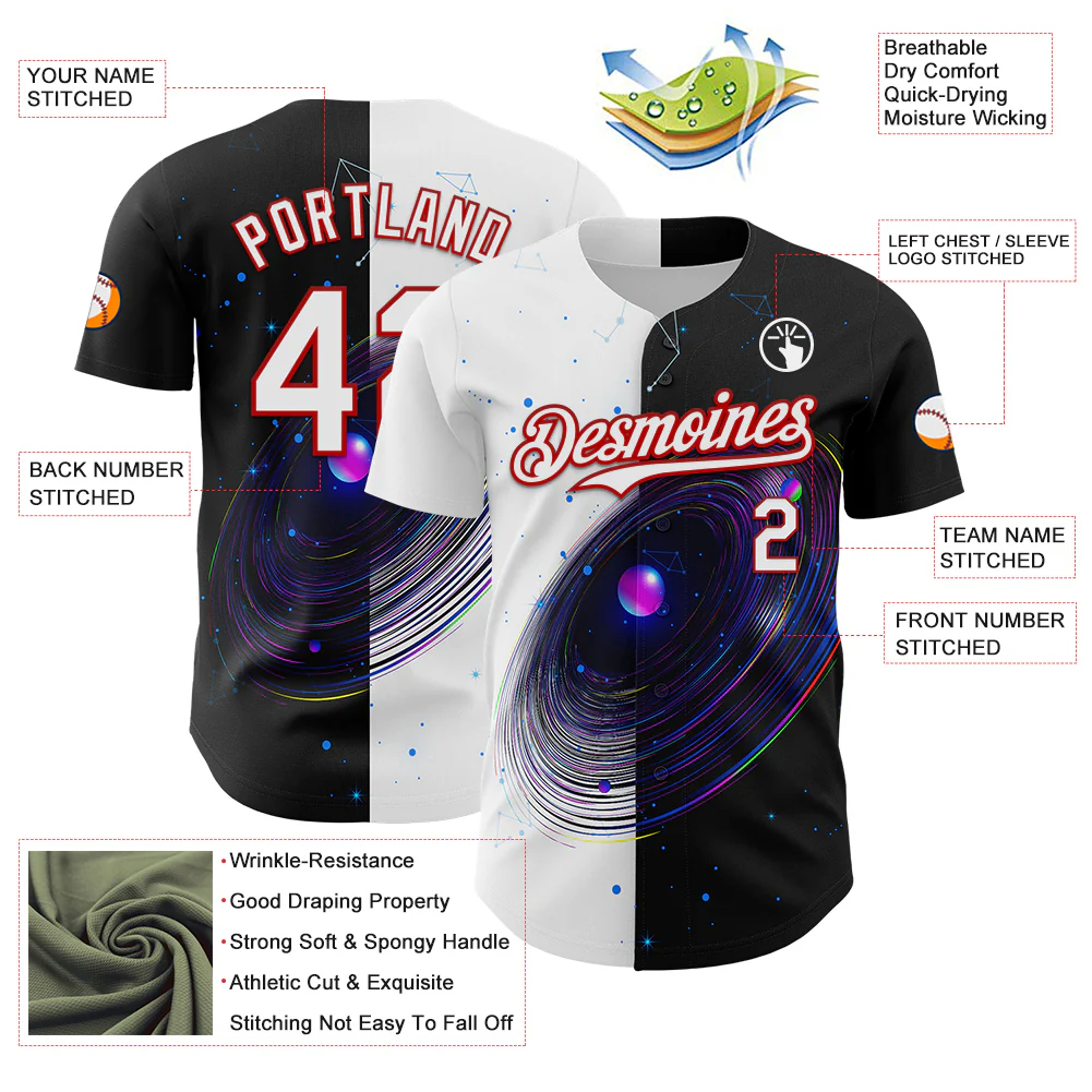 Custom Black White-Red 3D Pattern Design Space Galaxy Star Authentic Baseball Jersey - Image 3