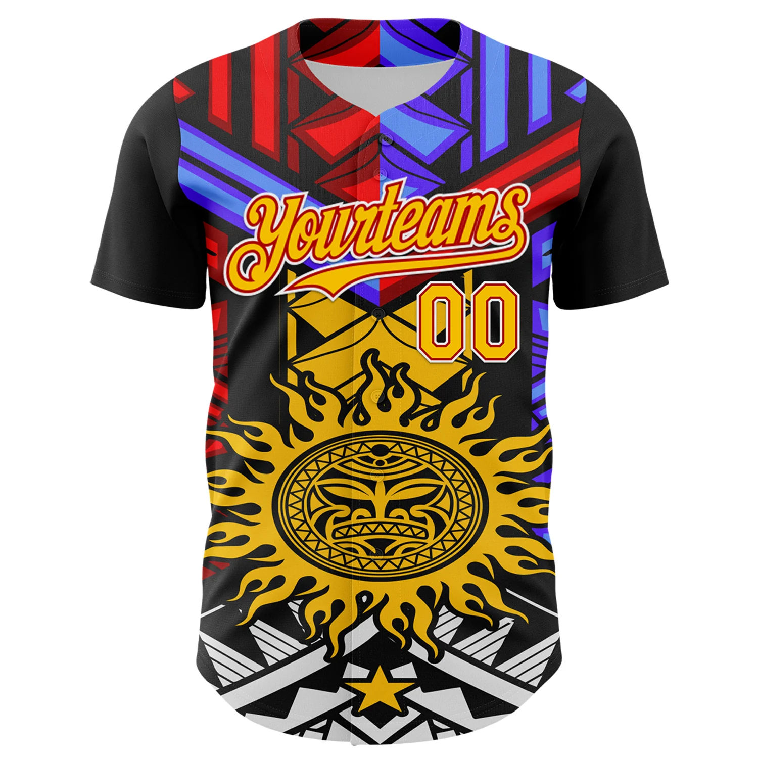 Custom Black Yellow Red-White 3D Pattern Design Rave Party Sun Tribal Authentic Baseball Jersey - Image 2