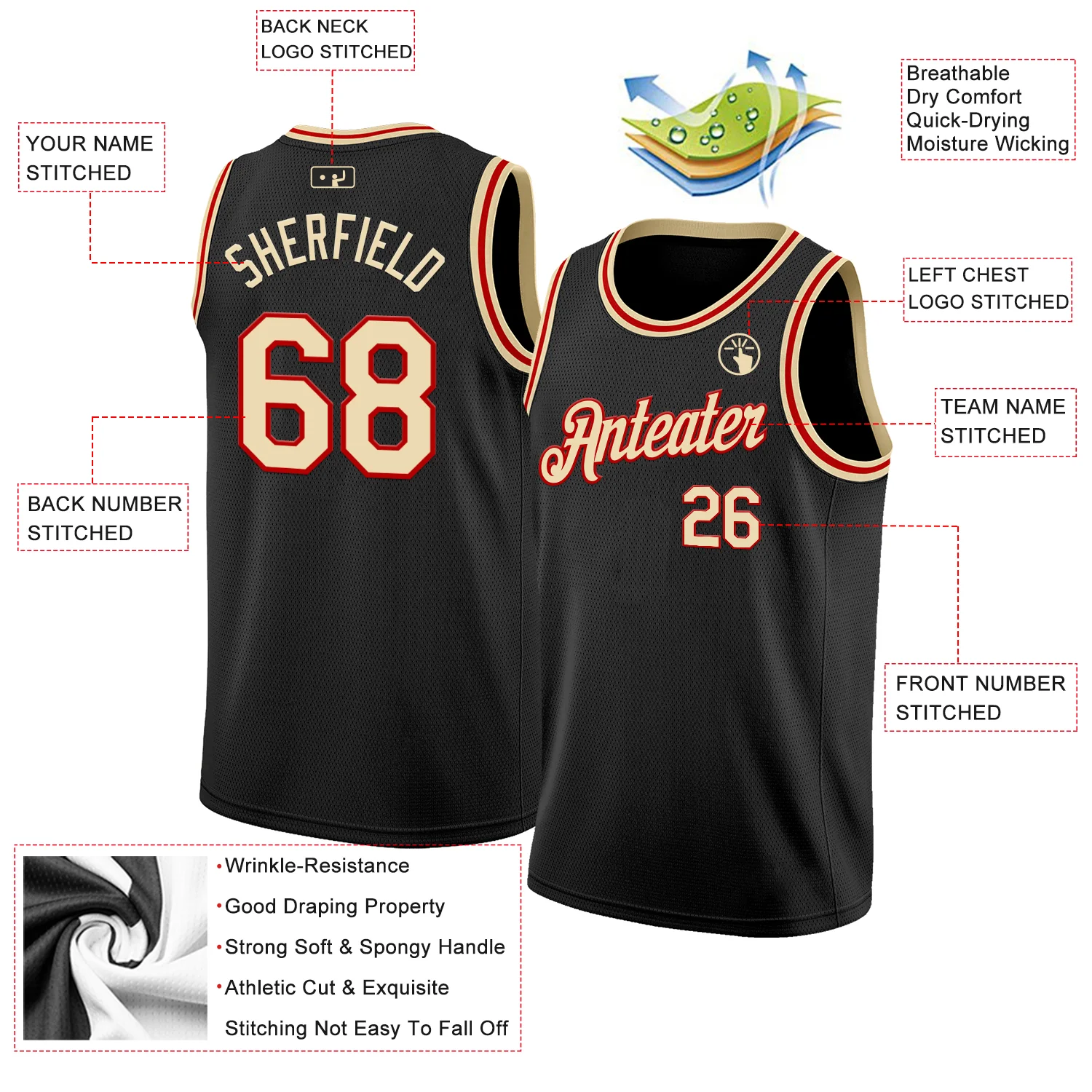 Custom Black Cream-Red Authentic Basketball Jersey - Image 2