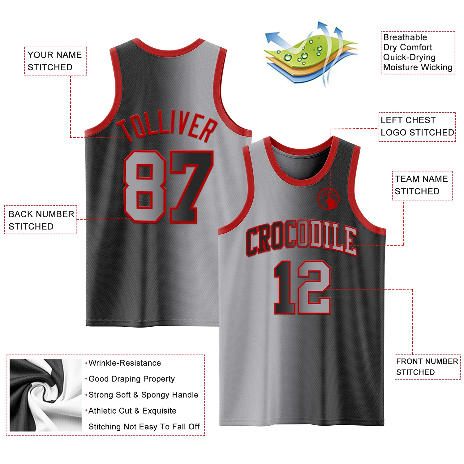 Custom Black Gray-Red Authentic Gradient Fashion Basketball Jersey - Image 3