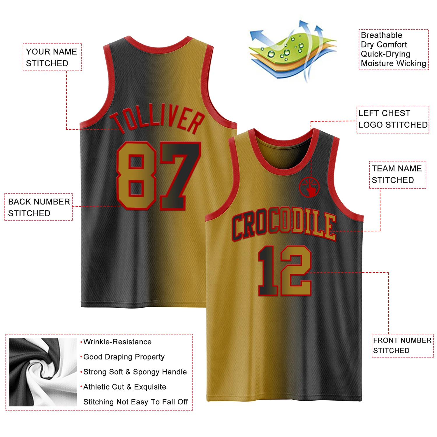 Custom Black Old Gold-Red Authentic Gradient Fashion Basketball Jersey - Image 3
