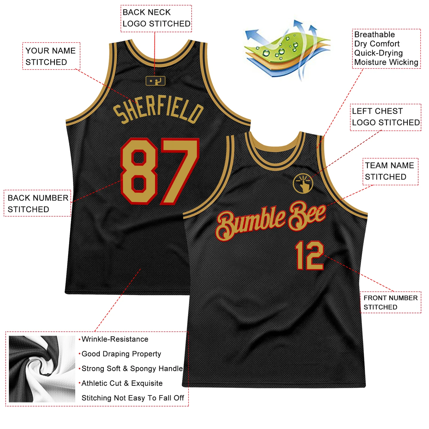 Custom Black Old Gold-Red Authentic Throwback Basketball Jersey - Image 2