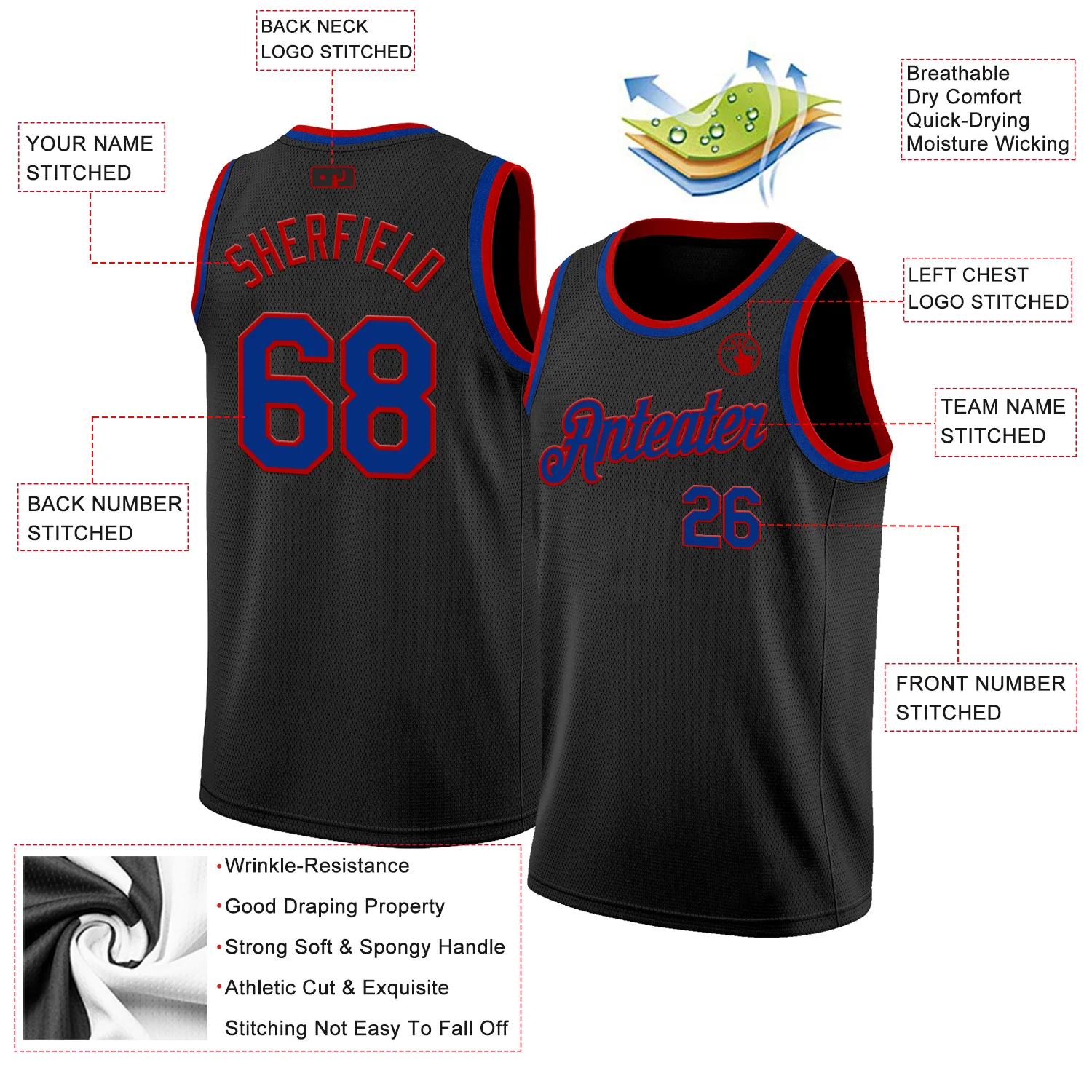 Custom Black Royal-Red Authentic Basketball Jersey - Image 2