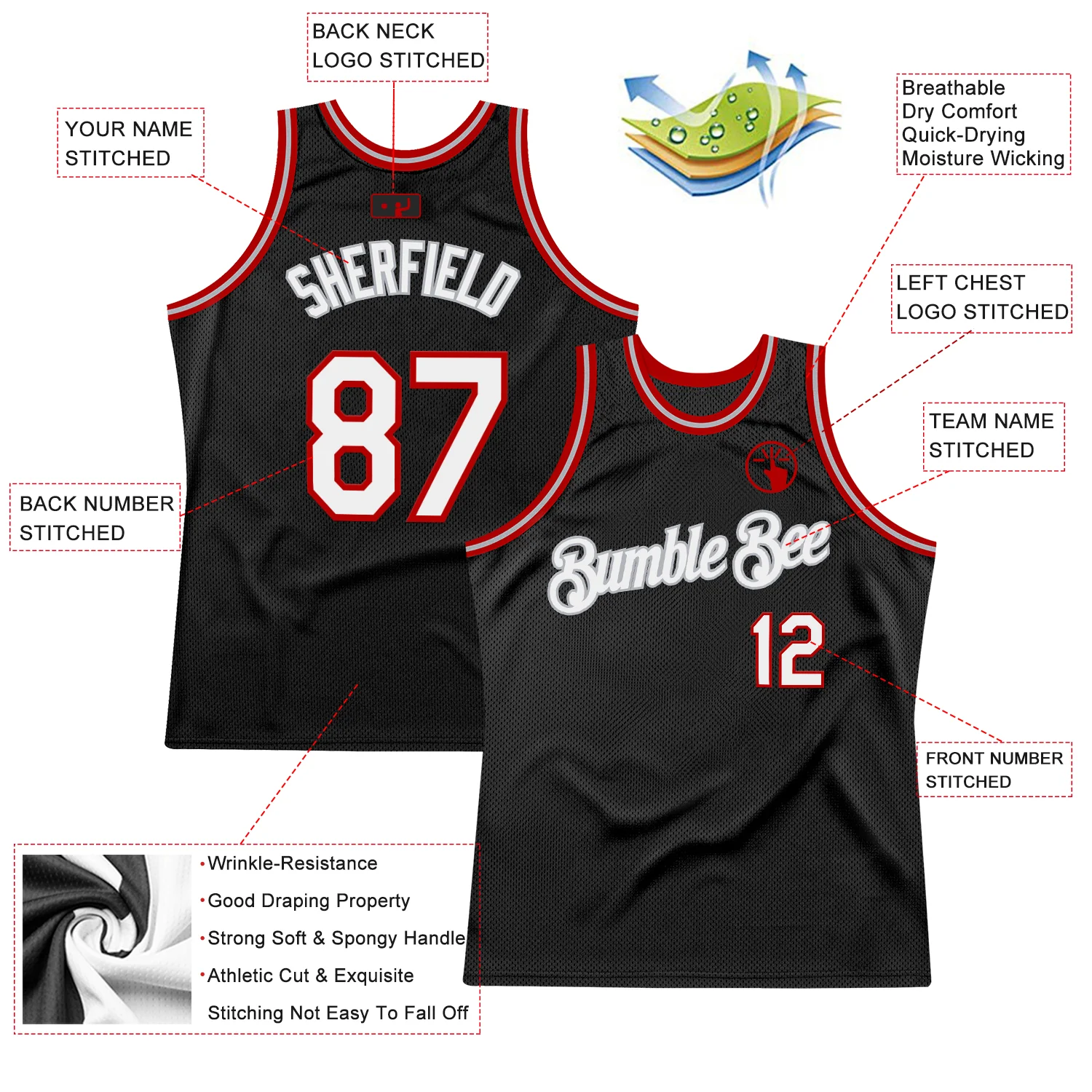 Custom Black White-Red Authentic Throwback Basketball Jersey - Image 2