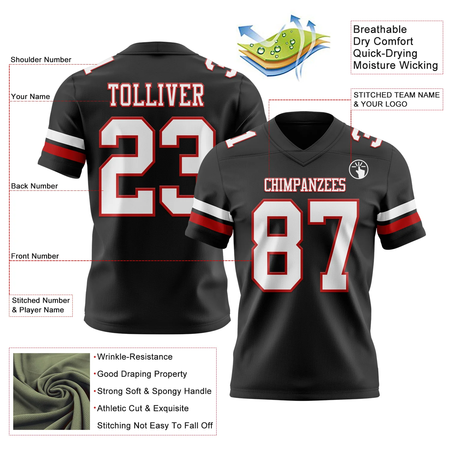 Custom Black White-Red Authentic Football Jersey - Image 3