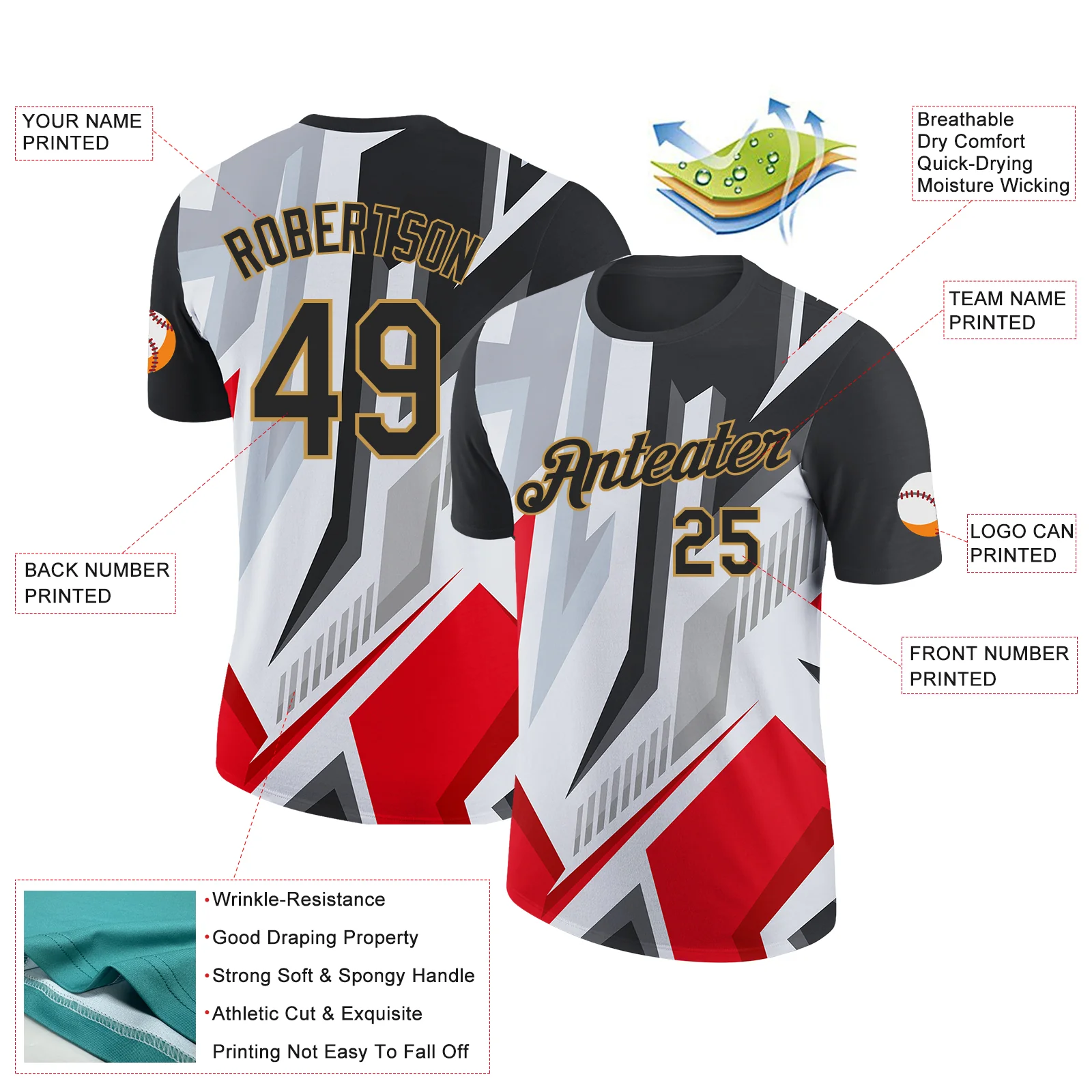 Custom Black Red Gray-Old Gold 3D Esports Performance T-Shirt - Image 2