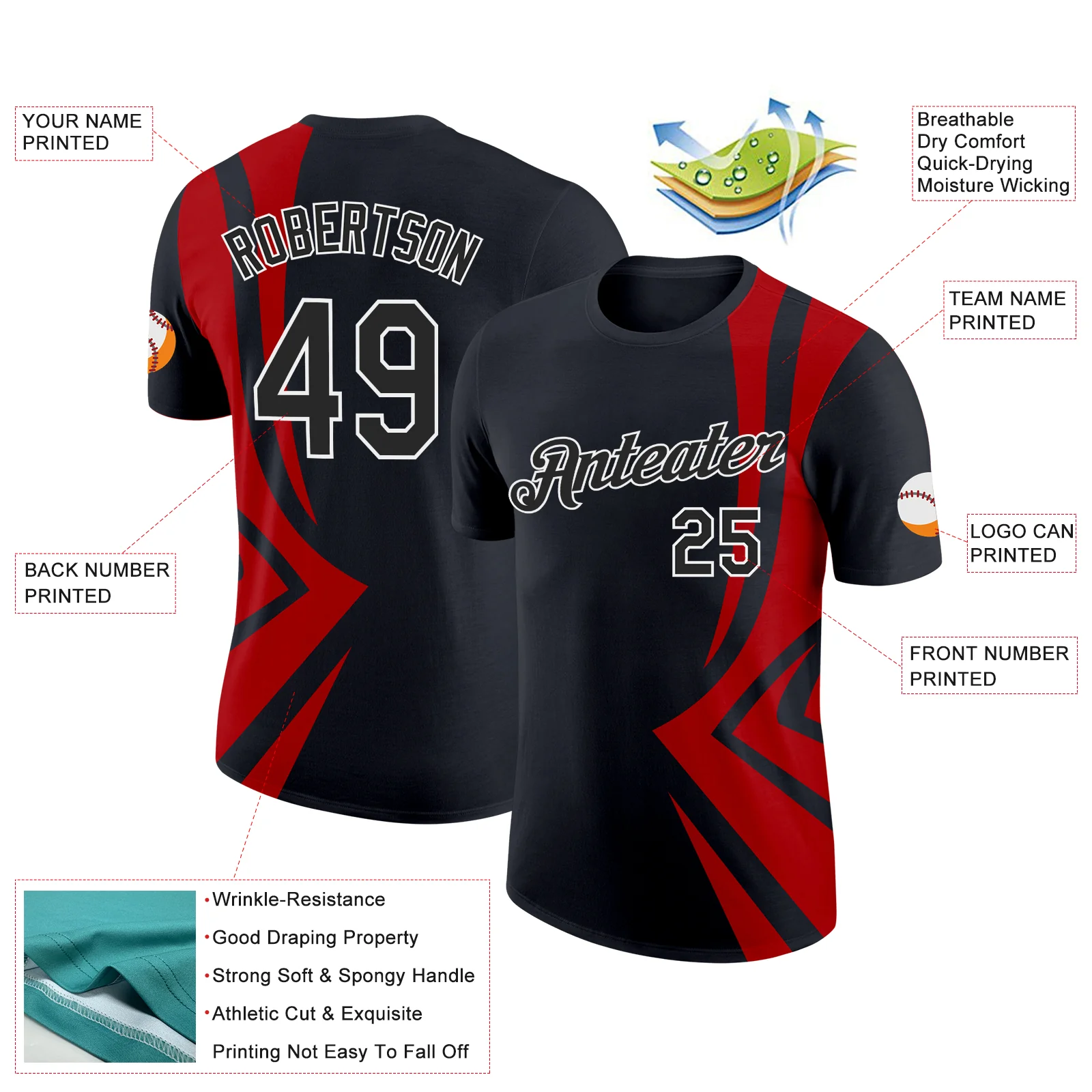 Custom Black Red-White 3D Esports Performance T-Shirt - Image 2