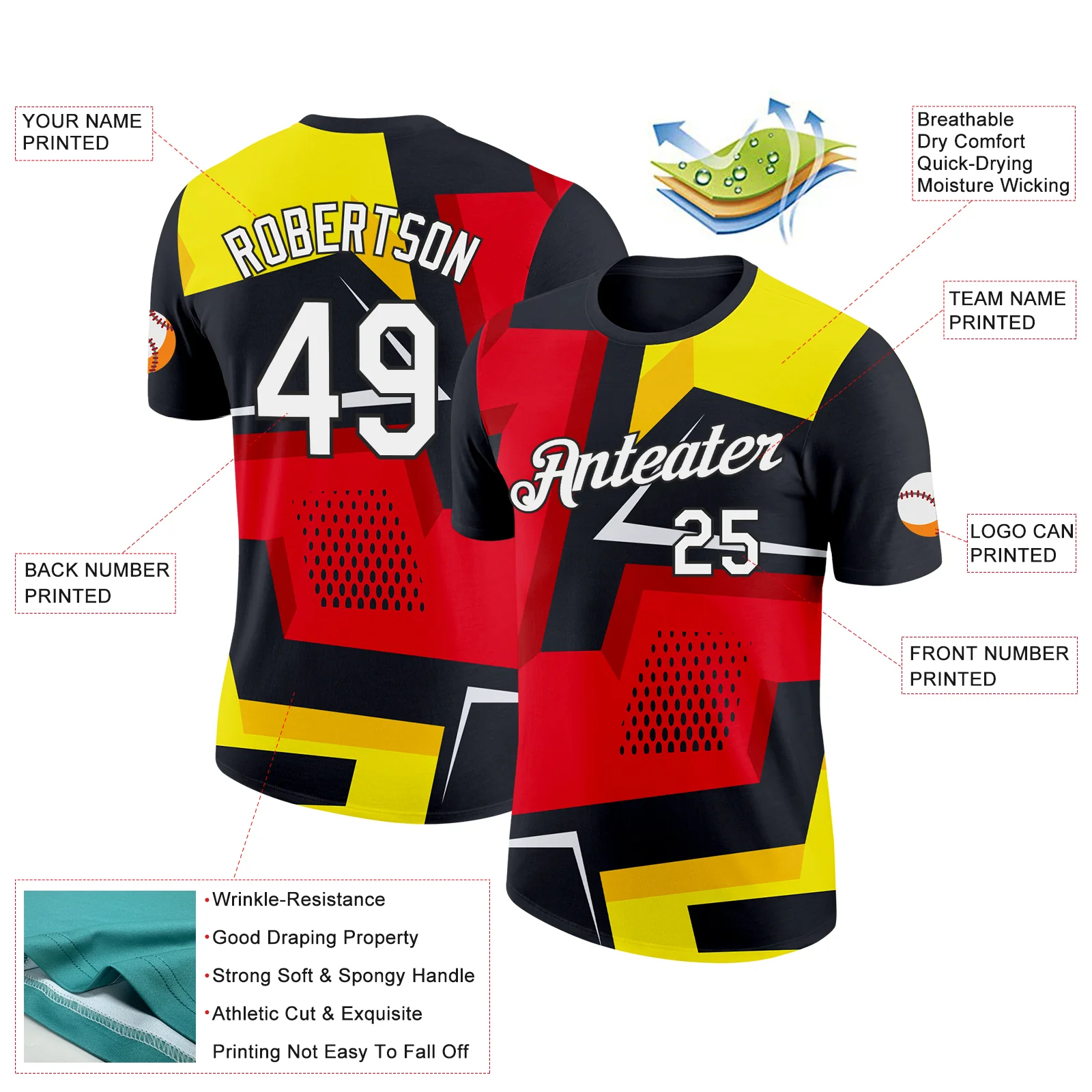 Custom Black Red-Yellow 3D Esports Performance T-Shirt - Image 2