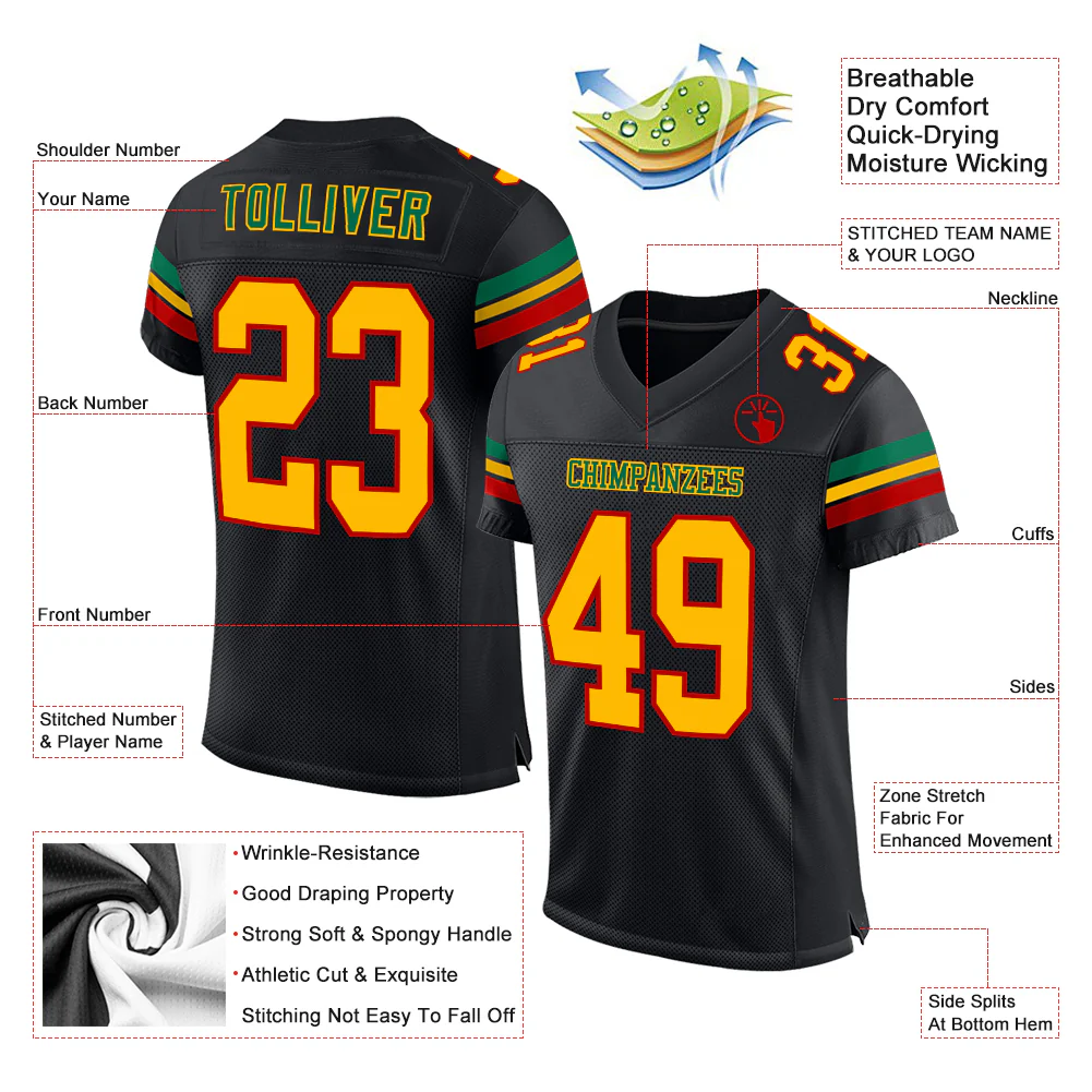 Custom Black Gold Red-Kelly Green Mesh Authentic Football Jersey - Image 2