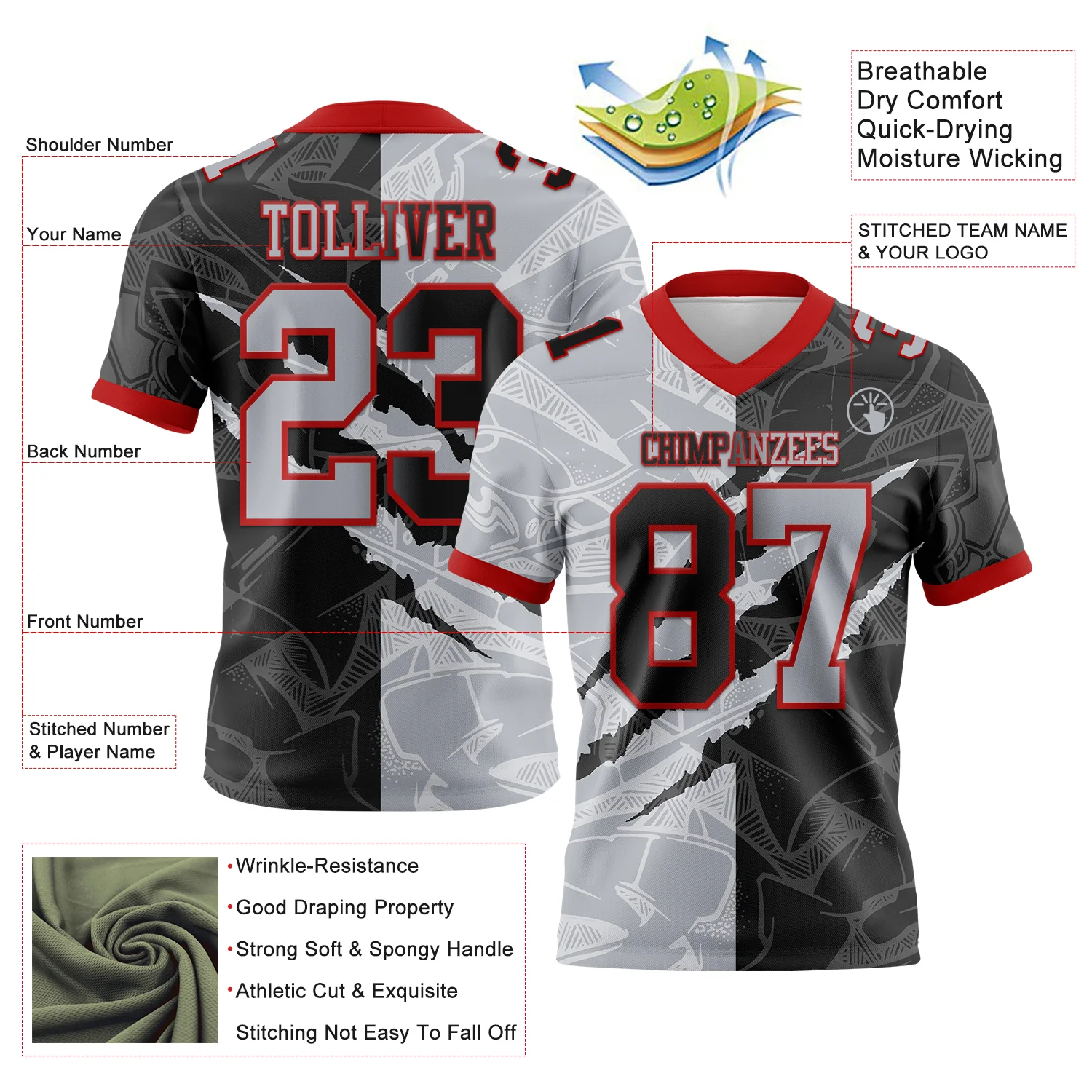 Custom Black Gray-Red Authentic Gradient Fashion Scratch Football Jersey - Image 3