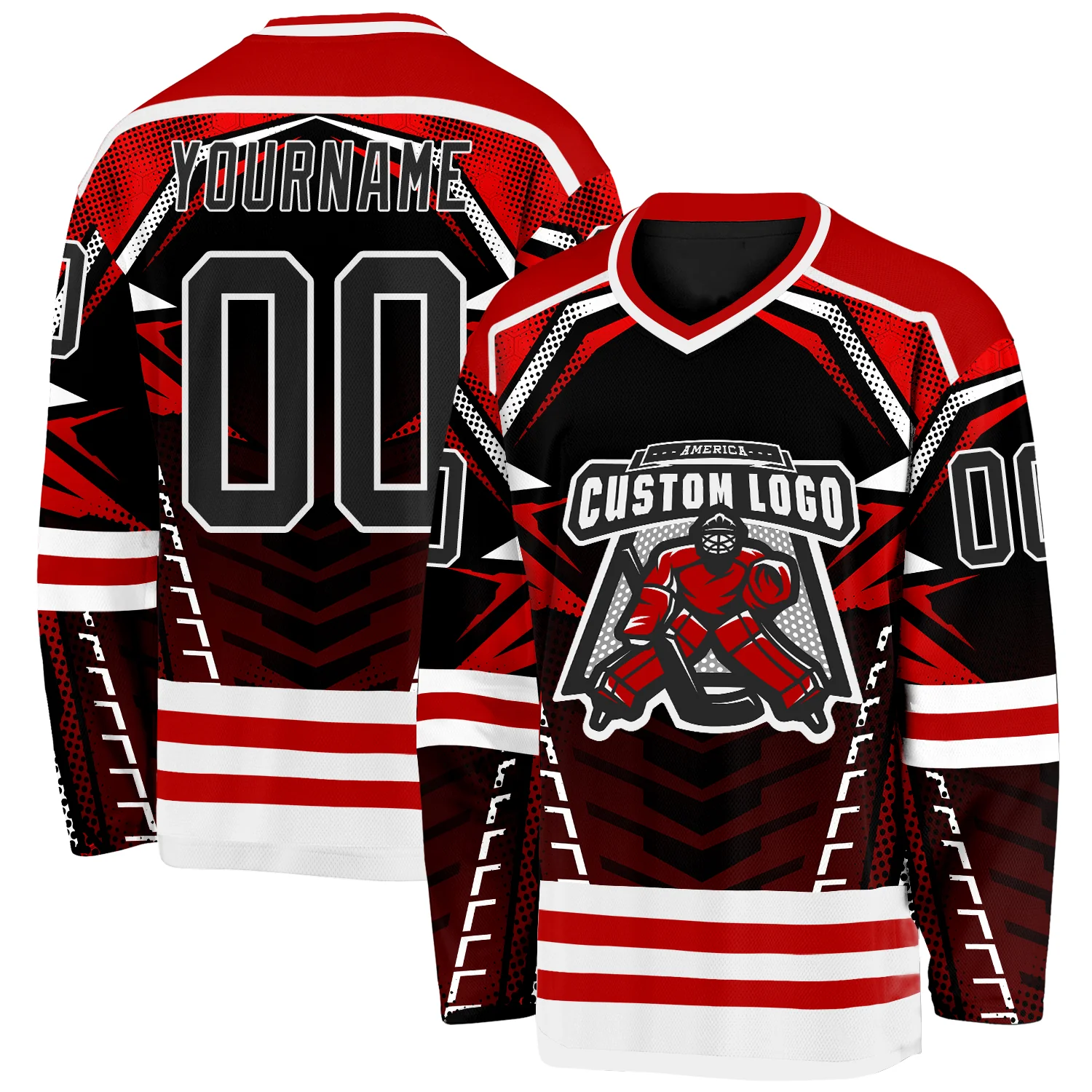 Custom Black Red-White 3D Pattern Cyber Mecha E-sport Hockey Jersey - Image 2