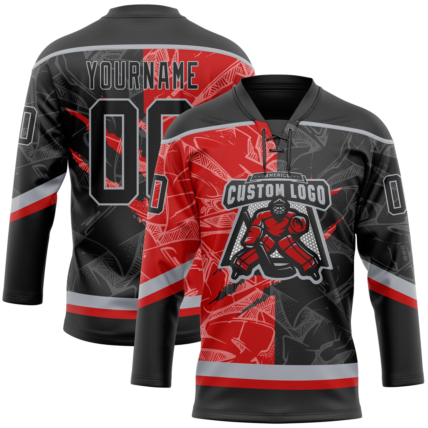 Custom Black Red-Gray 3D Pattern Gradient Fashion Scratch Hockey Lace Neck Jersey - Image 2