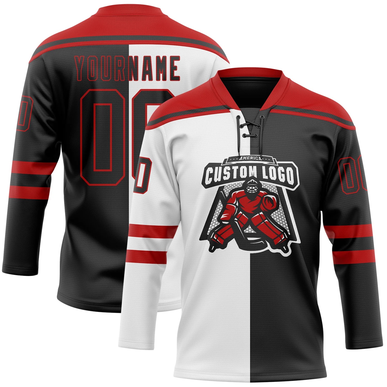 Custom Black Red-White Split Fashion Hockey Lace Neck Jersey - Image 2