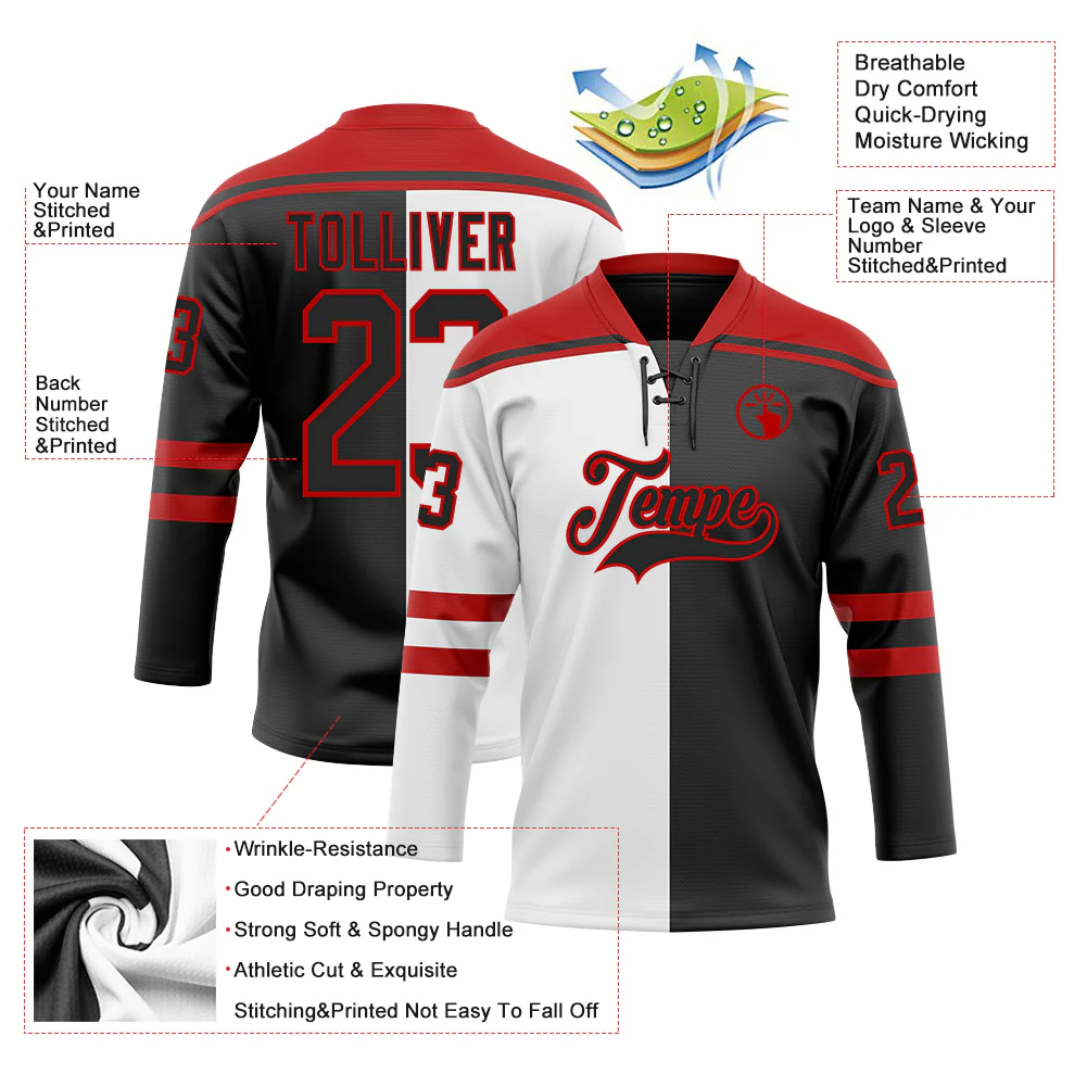 Custom Black Red-White Split Fashion Hockey Lace Neck Jersey - Image 5