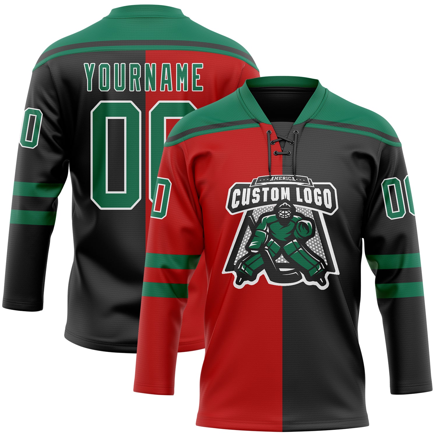 Custom Black Kelly Green Red-White Split Fashion Hockey Lace Neck Jersey - Image 2